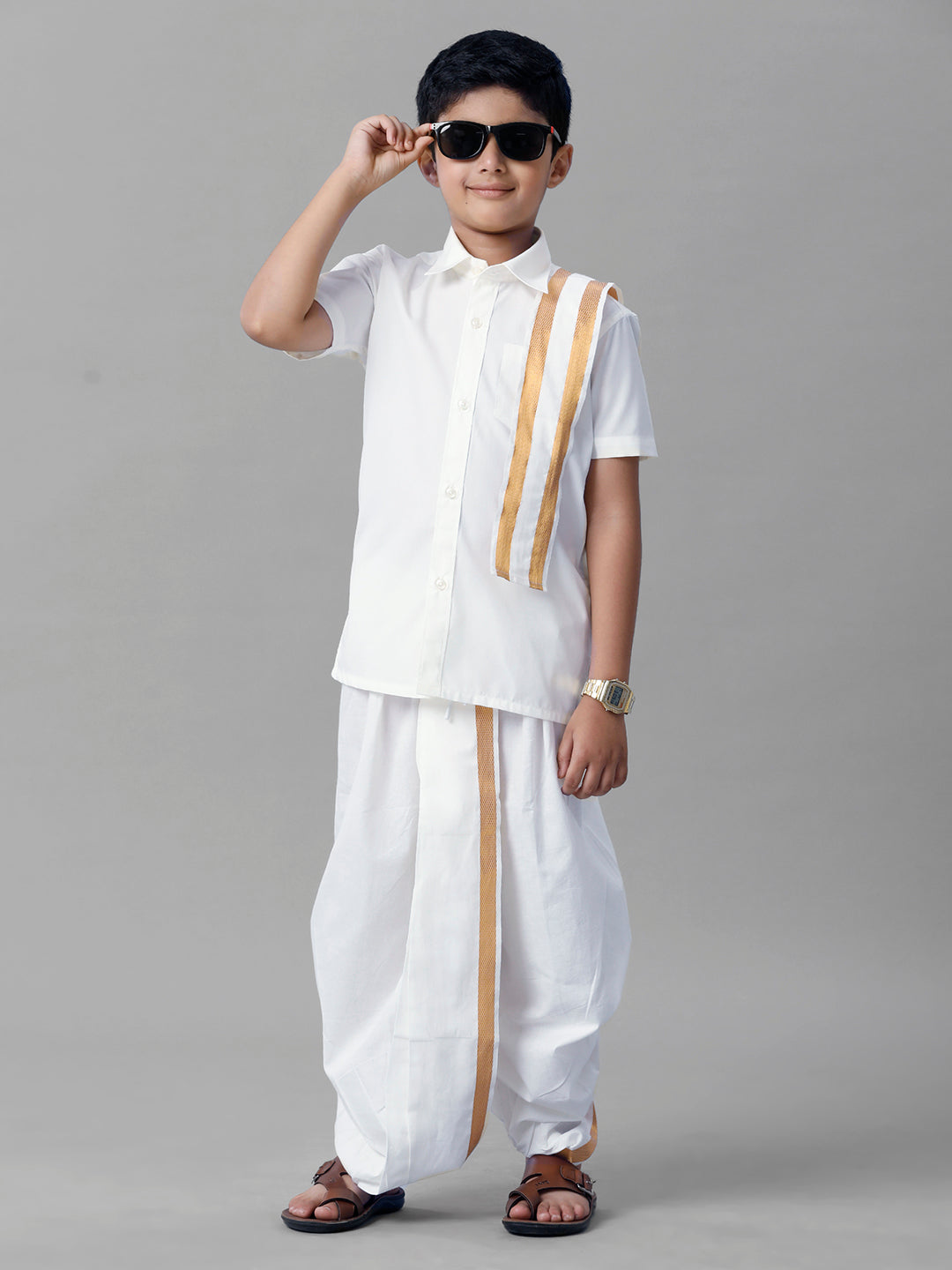 Boys Cotton White Half Sleeves Shirt Panchakacham Towel Combo