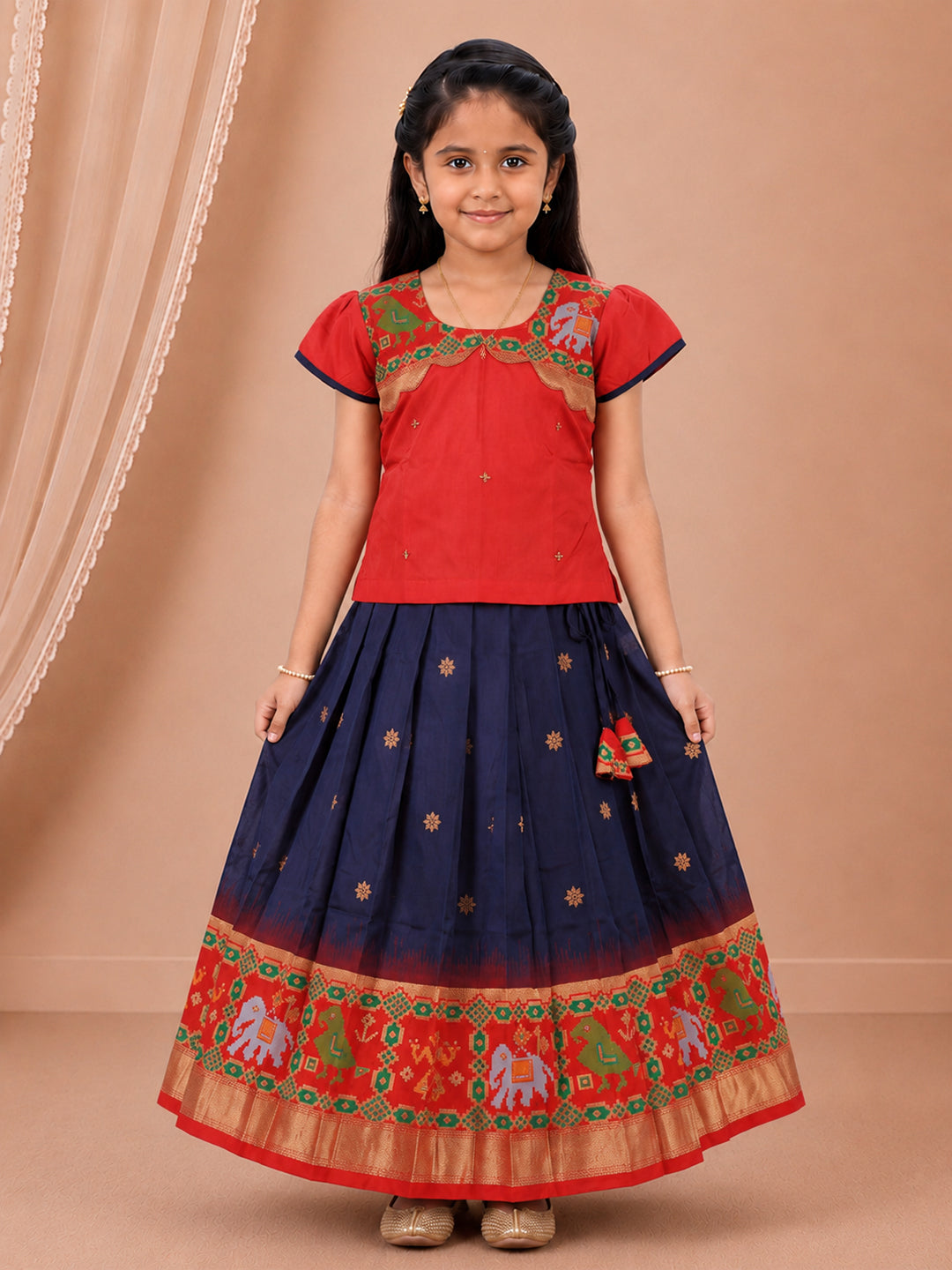 Girls Art Silk Red with Navy Pattu Pavadai Set GPS64