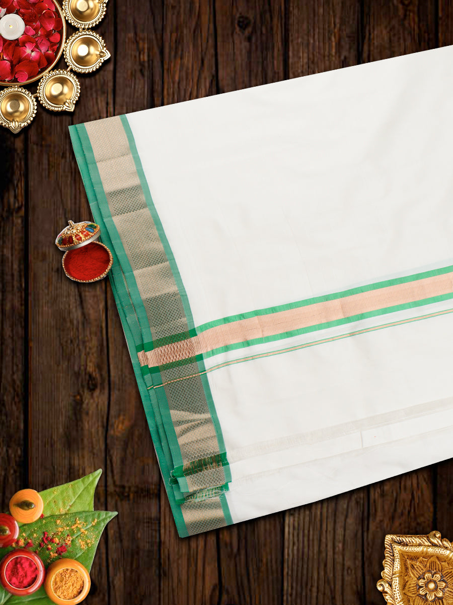 Premium Pure Silk White Dhoti with 1 1/2" Fancy Jari Border Upasana-View three