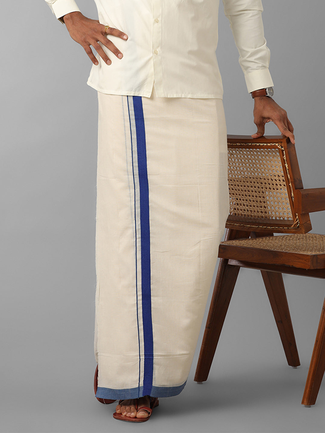 Men Navy Border Double Layer Kora Dhoti VKS04