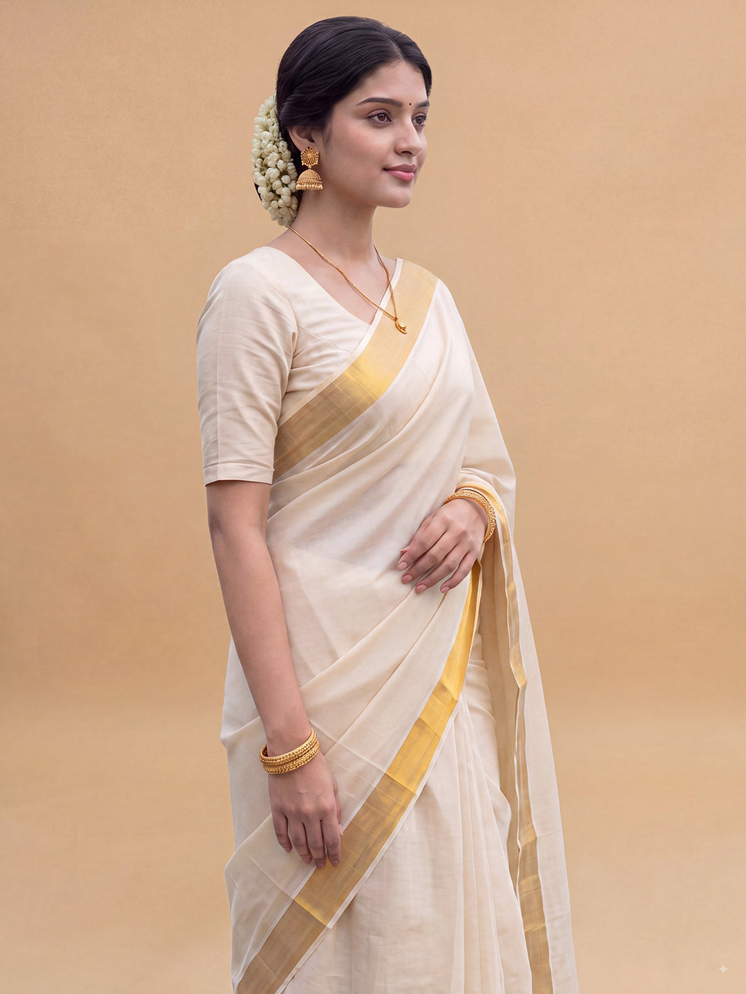 Women Kora Cotton Kerala Saree with Gold Jari KLS66
