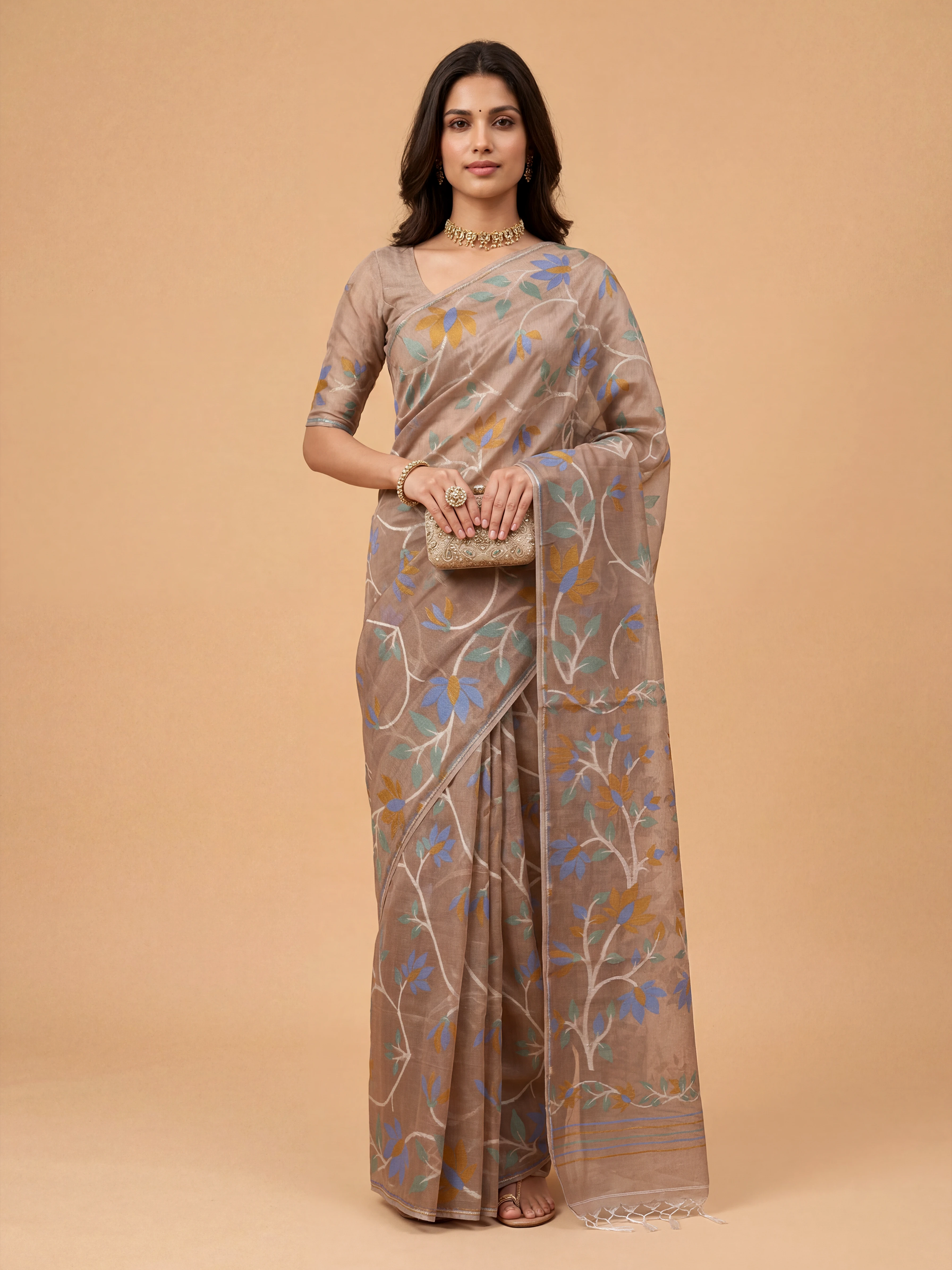 Women Semi Linen Printed Brown Saree SL252