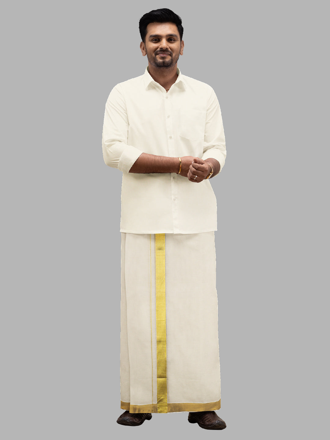 Men Cream with 1 1/2" Gold Jari Border Double Layer Kora Dhoti Woven Gold