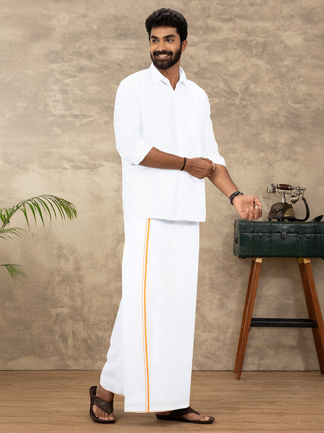 Men Starch Cotton Single Layer White Dhoti with Small Border MC01