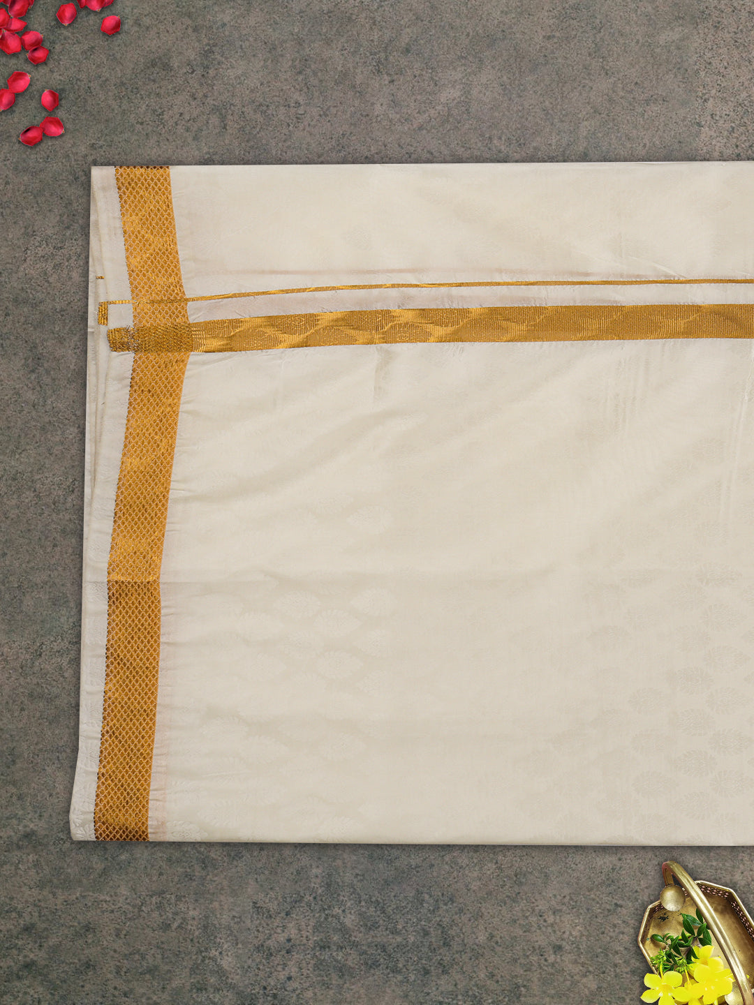 Men Gold Border Double Dhoti & Towel Set Ishwaryam Embose