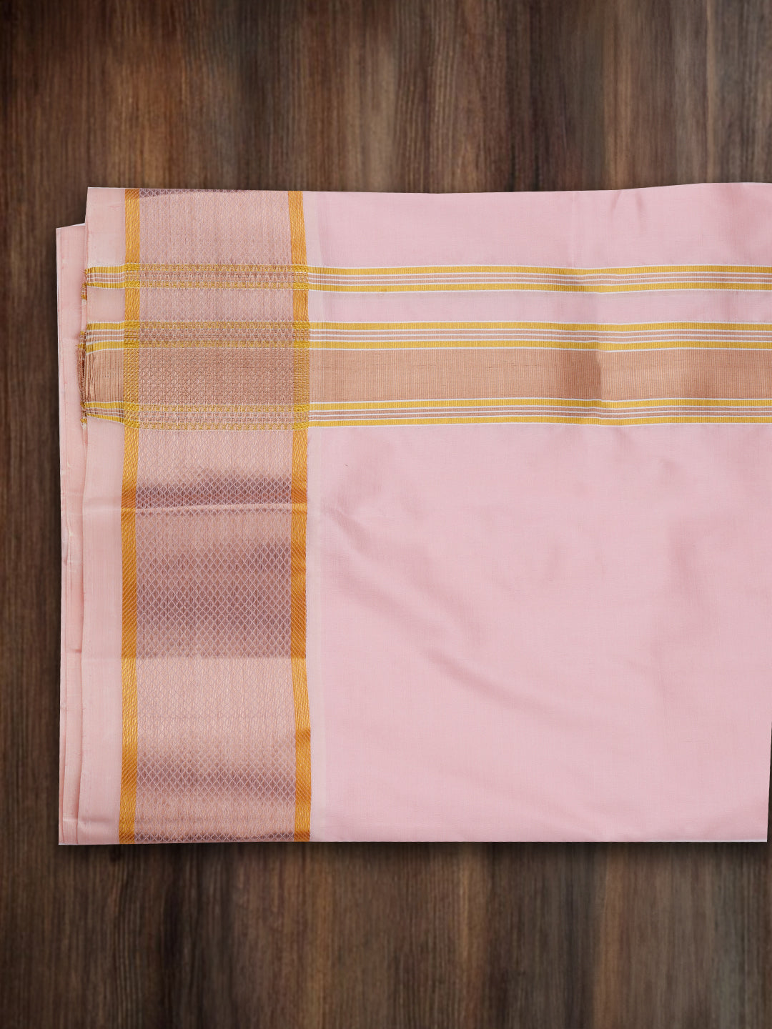 Premium Pure Silk Baby Pink Plain Shirt Bit with 3" jari Gold Fancy & Angavasthram Set Rajahamsa