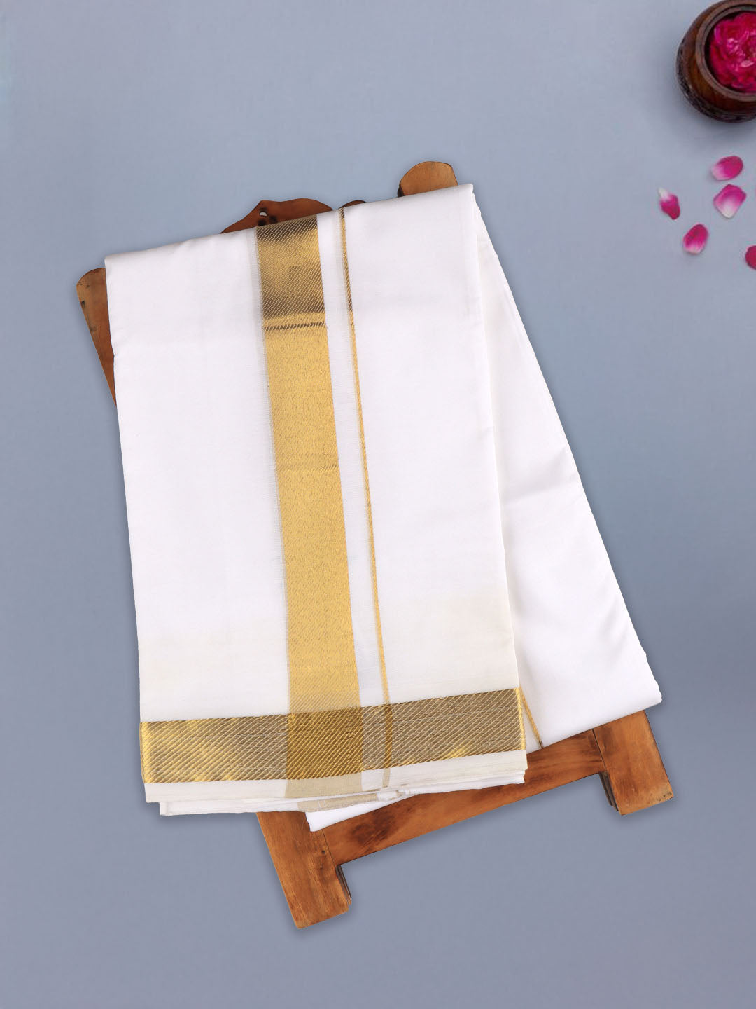 Men 100% Cotton Single Layer White Dhoti with Gold Jari Border Majesty