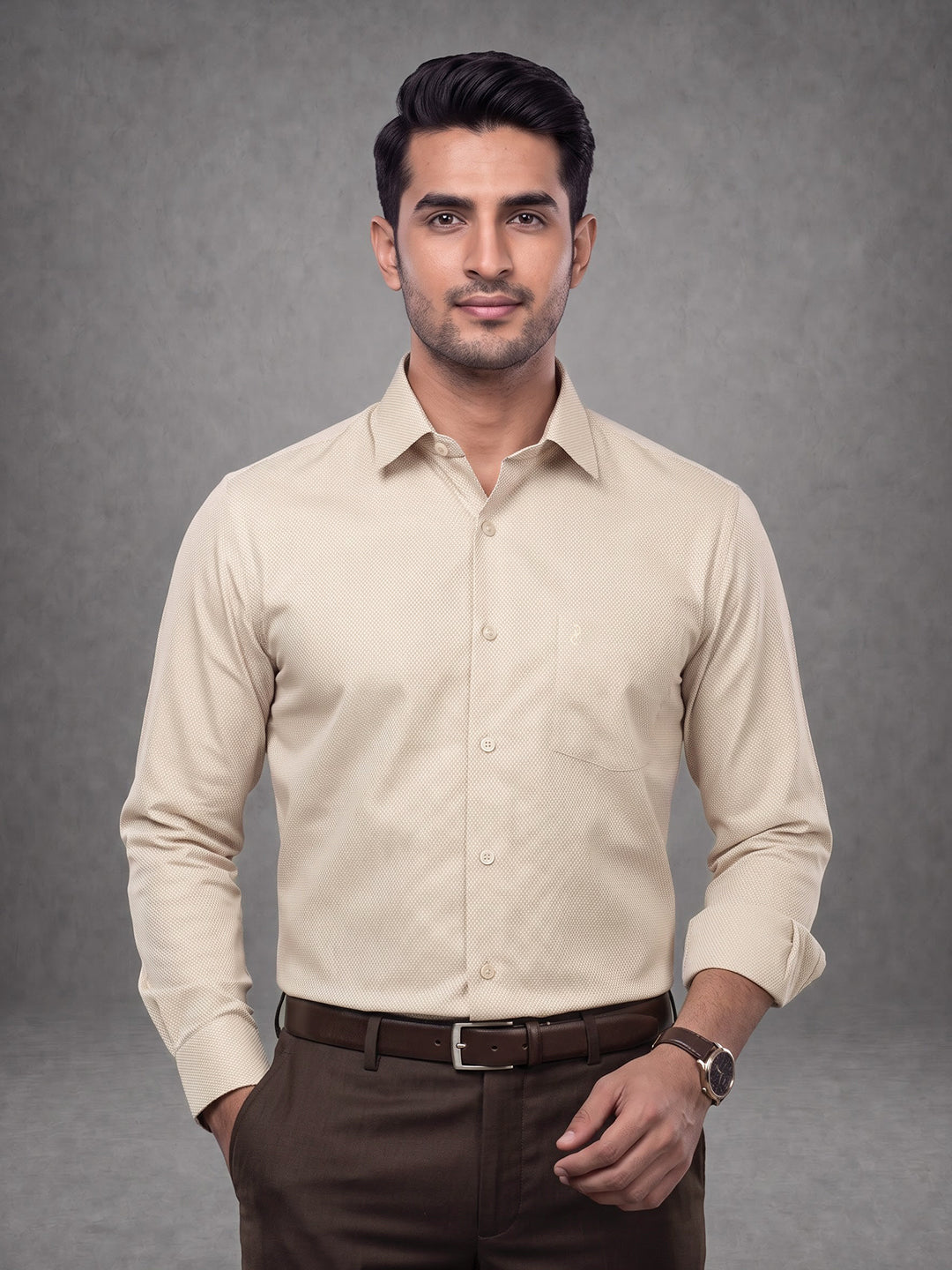 Prima Club Premium Cotton Dobby LT Beige Regular Fit Shirt SRAW3