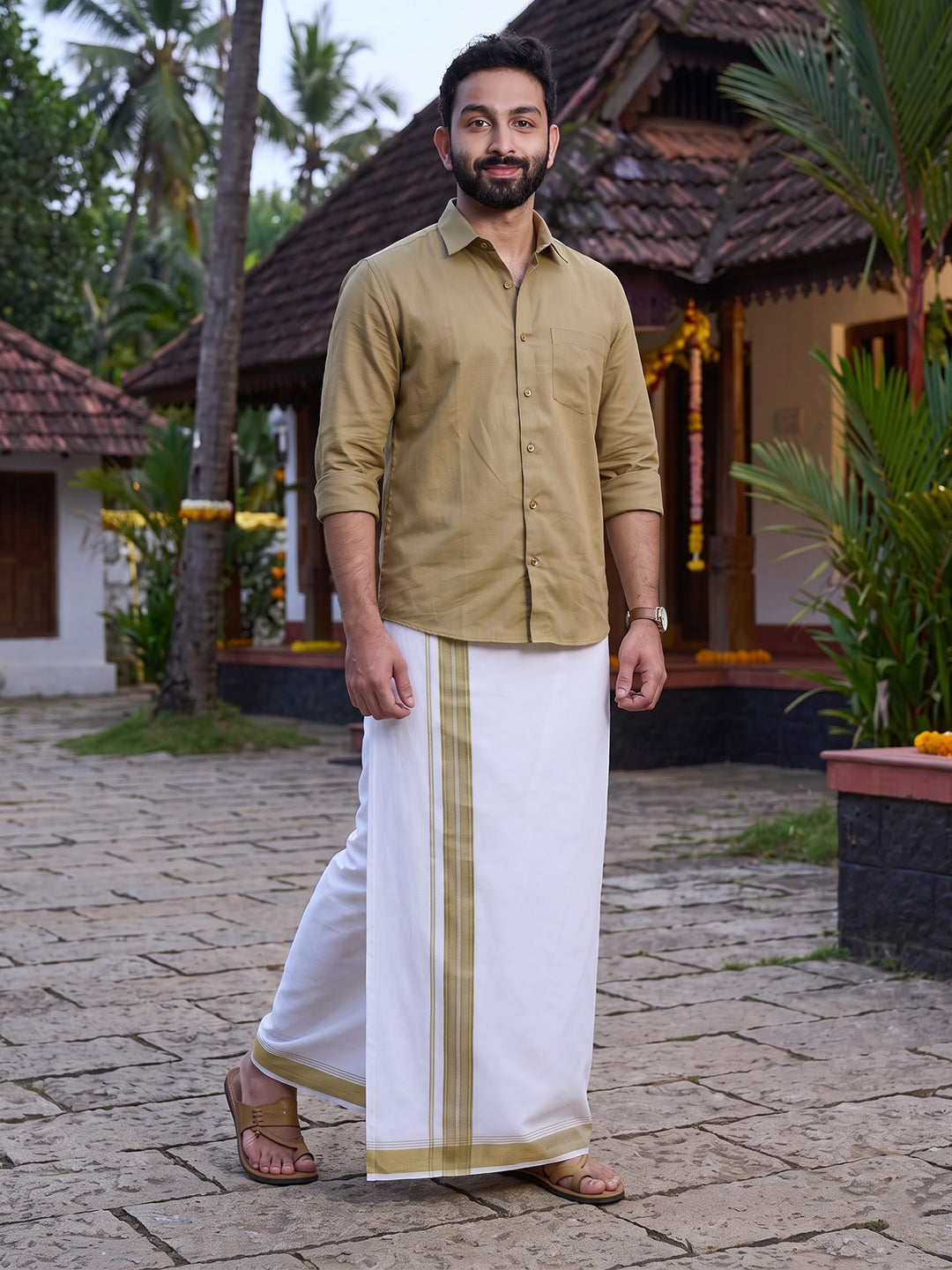 Double Layer Giza Cotton White Dhoti with Colour Border - AGF01
