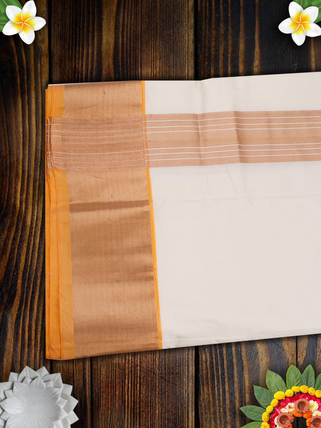 Pure Silk Cream 4" Copper & Orange Jari Border Dhoti With Towel Thirukalyan-View four