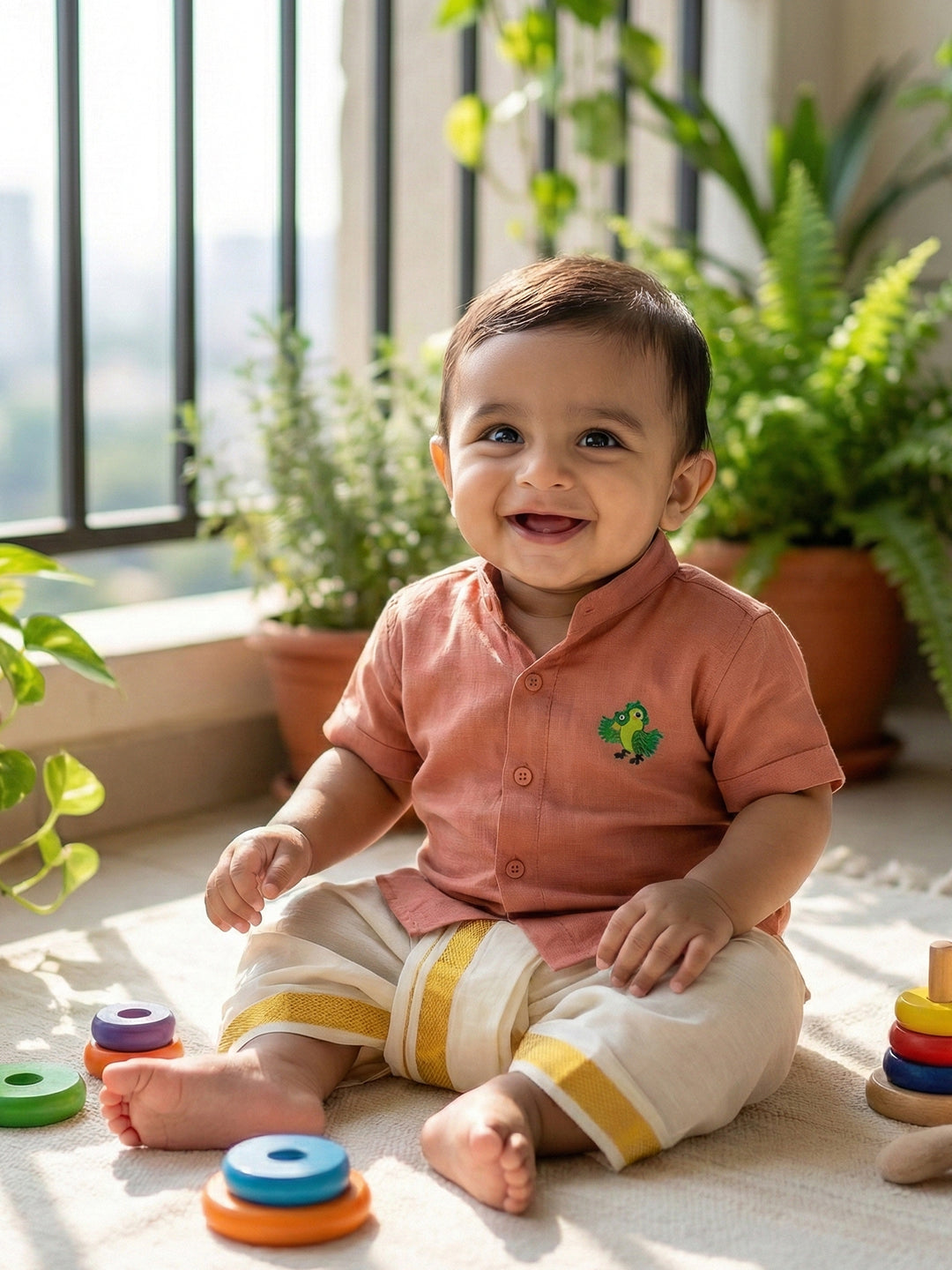 Born Baby Traditional Shirt with Dhoti and Panchakacham Set Pink