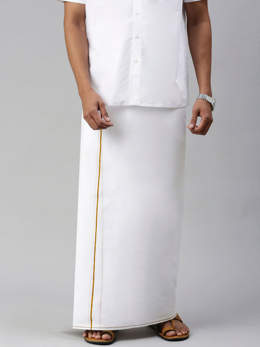 Mens Double Dhoti White with Small Border Gold Premium Brown