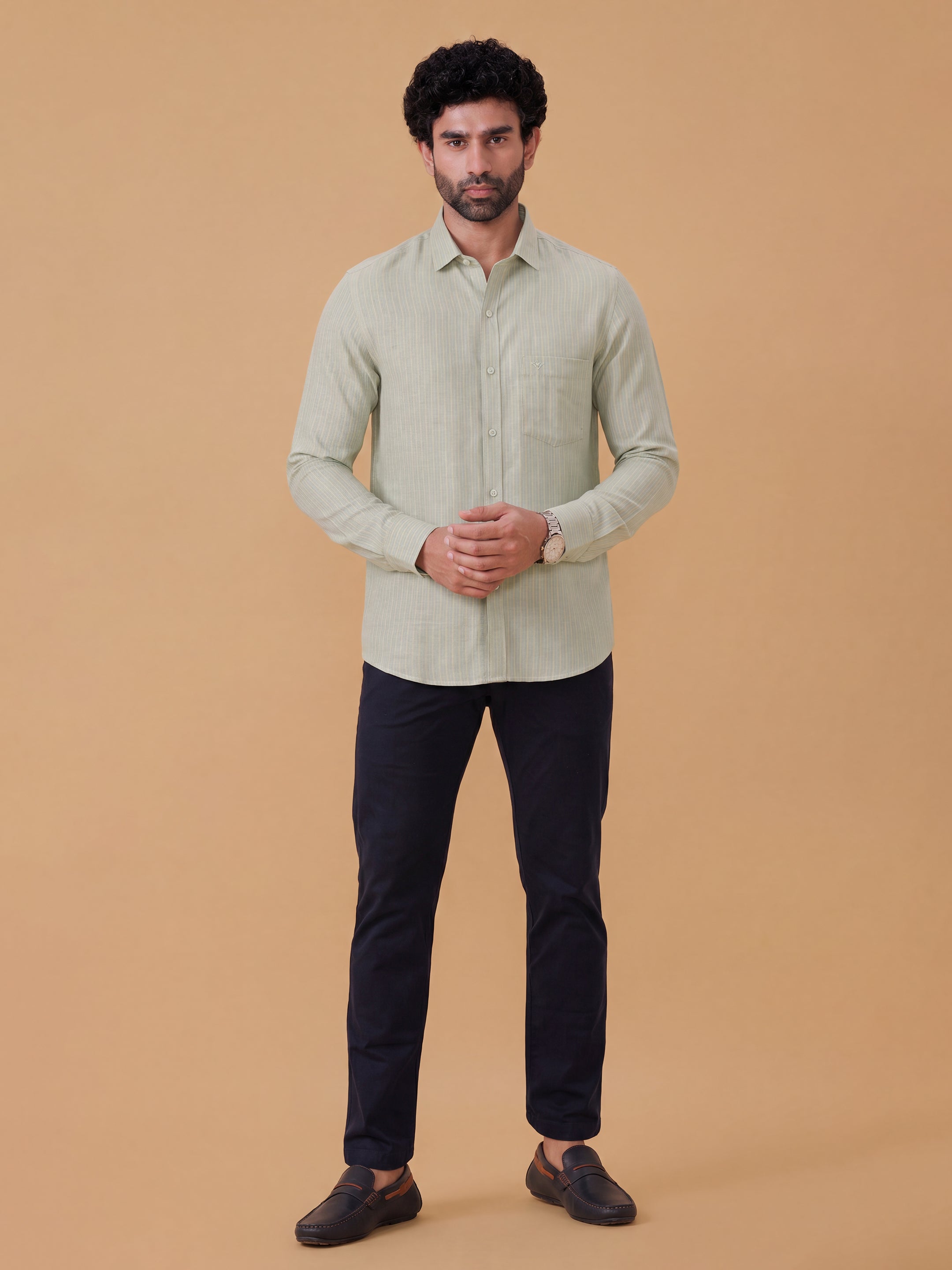 Pure Linen Yellowish Mist Green Striped Smart Fit Shirt LS34