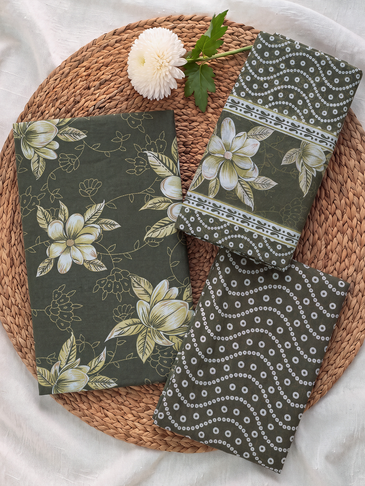 Women Cotton Olive Green Printed Dress Material DM390