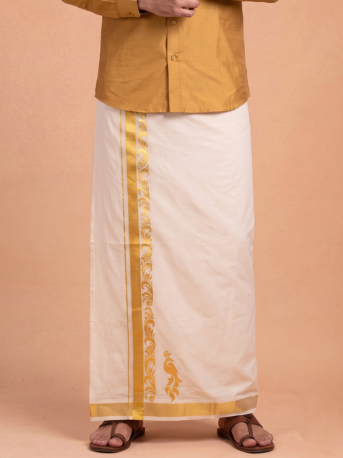 Double Layer Cotton Cream Kora Dhoti With Gold Jari Border - HF Gold HFG10