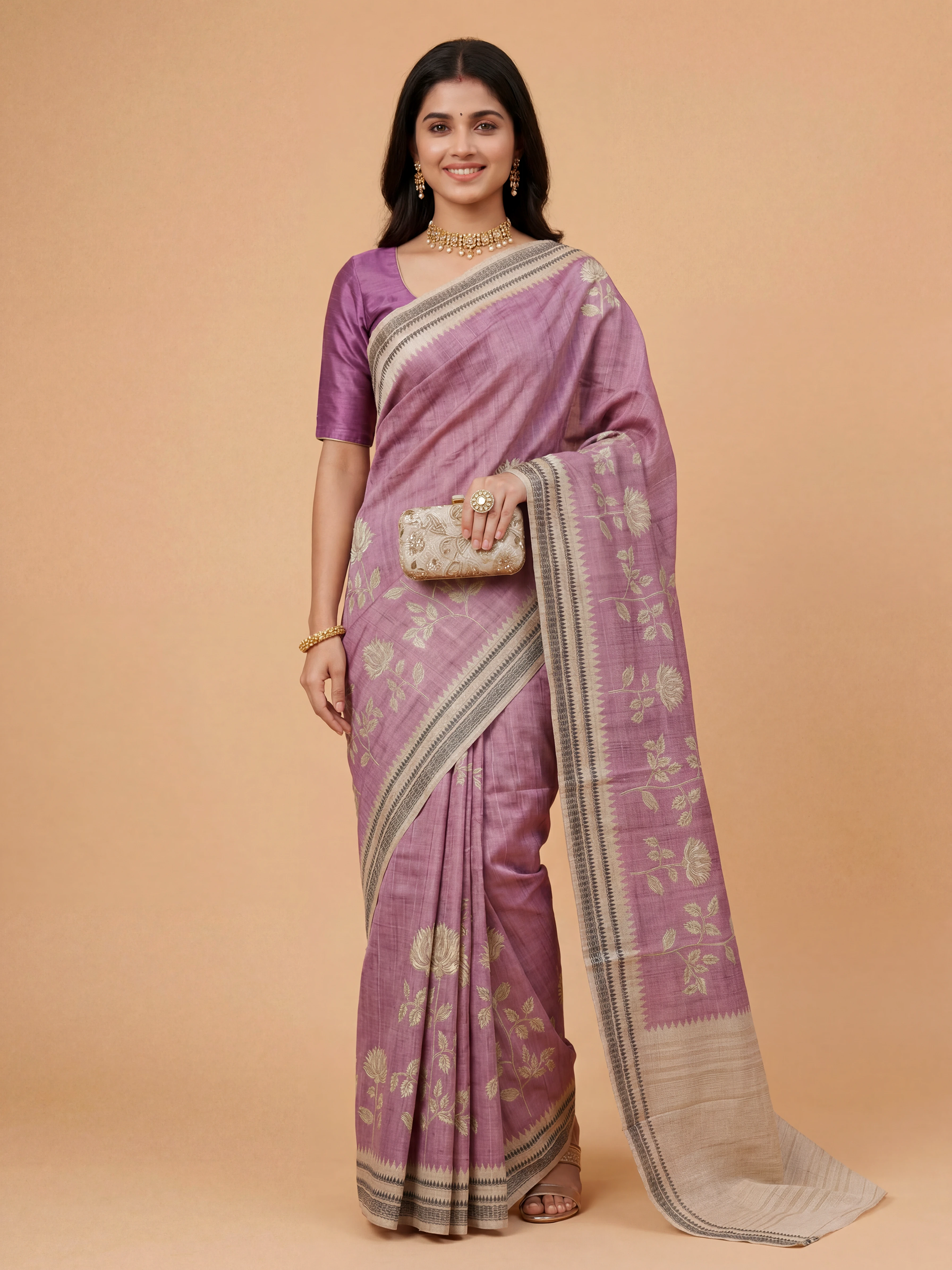 Women Semi Tussar Printed Purple Saree ST341