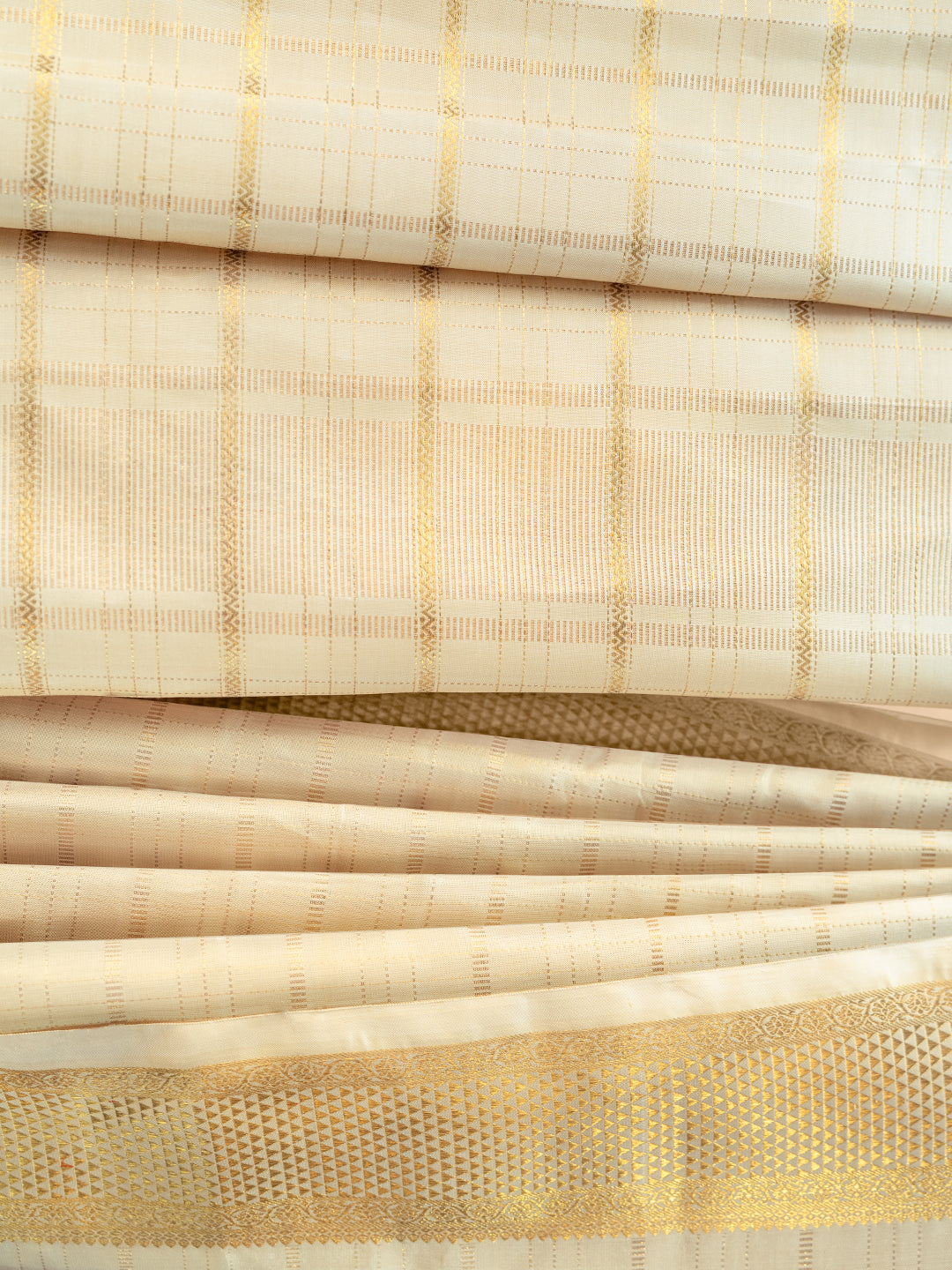 Pure Silk 3" Fawn Dhoti & Towel Wedding Set – Amirtham Muthu Check Gold Jari Design