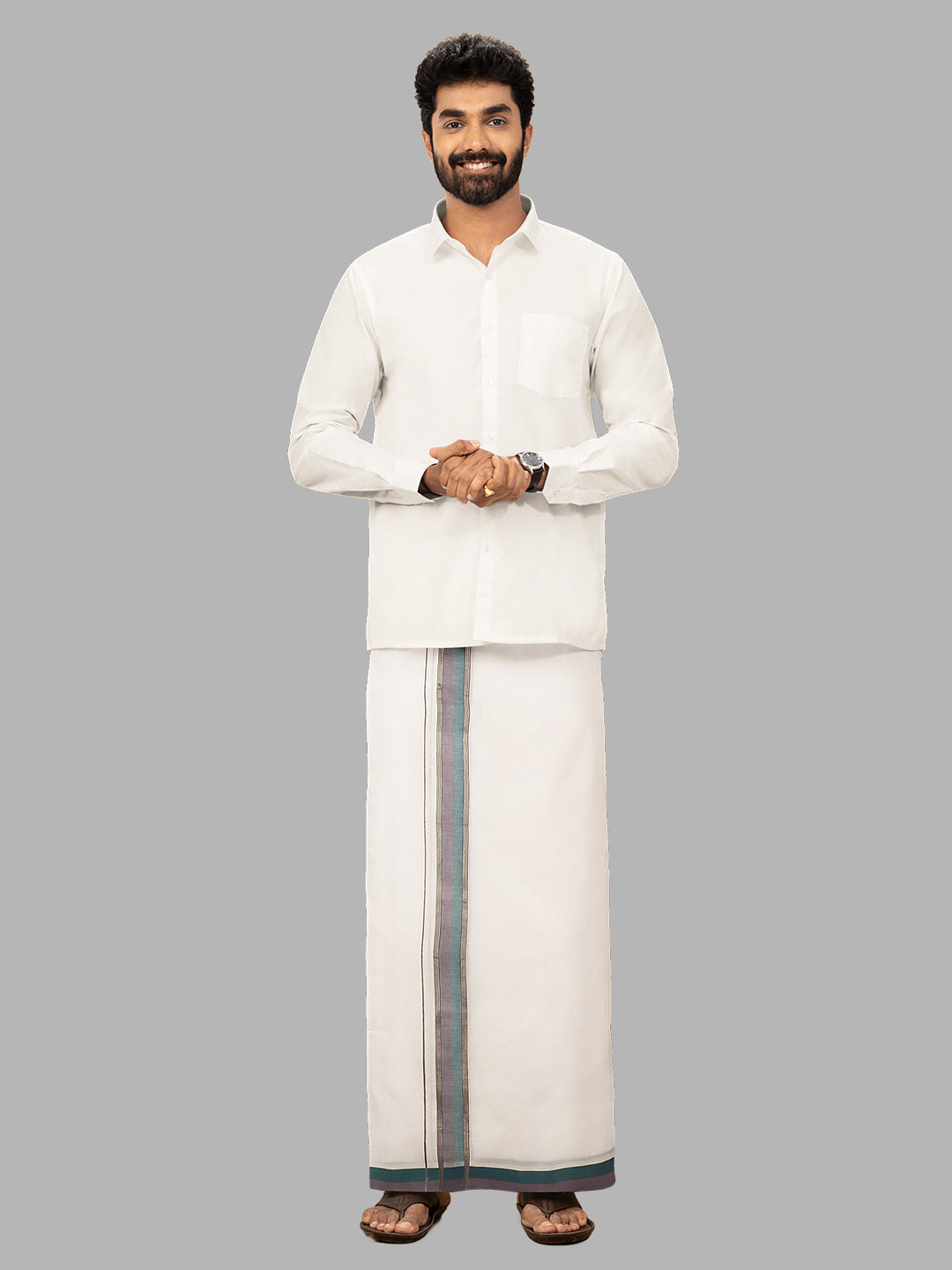 Men Green Fancy Jari Border Double Layer White Dhoti PJF4