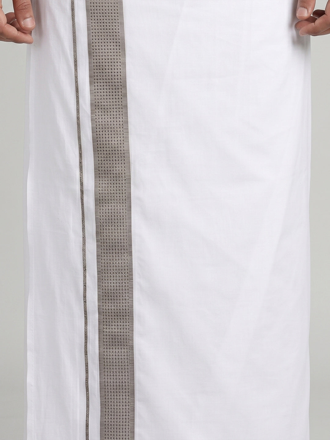 Men Light Grey Matching Border Dhoti With Printed Shirt Set Windsor HNJ2