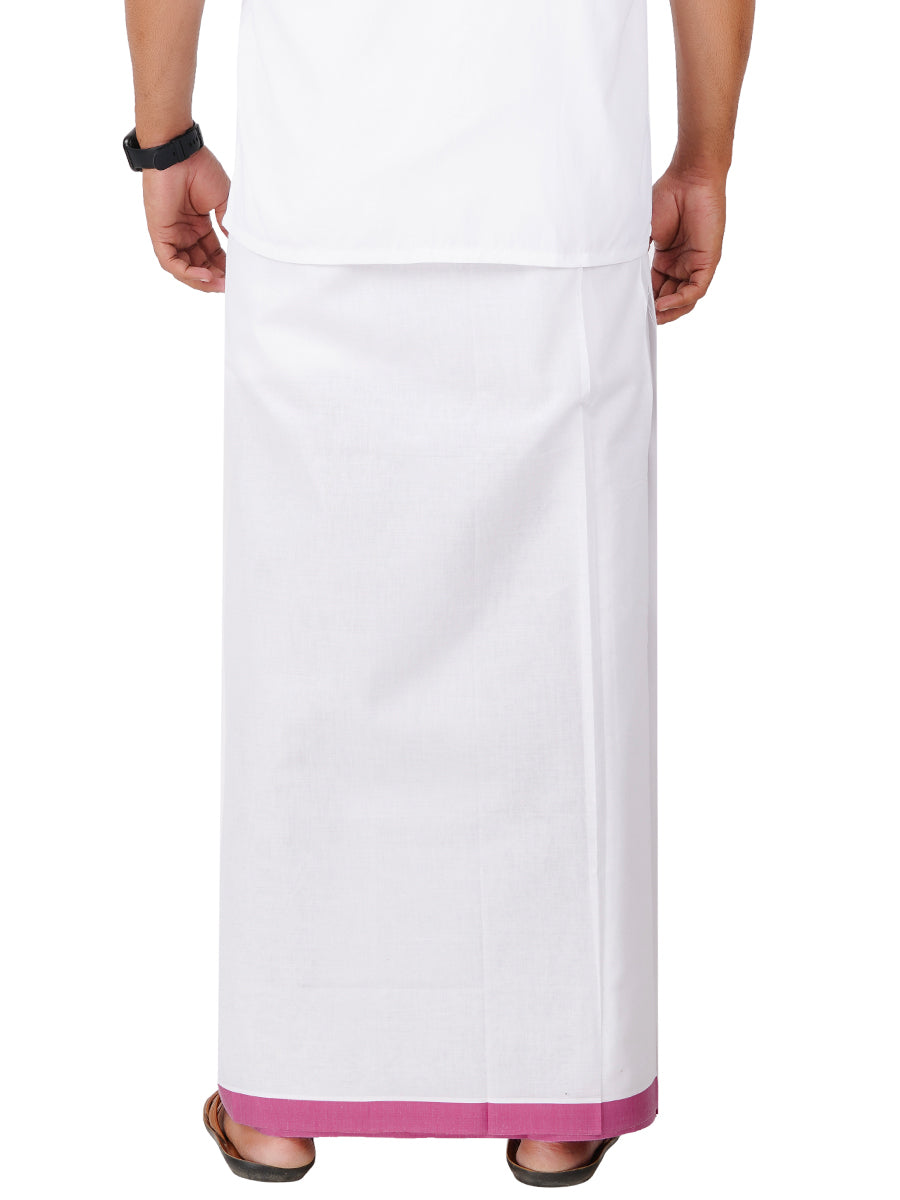 Mens White Double Dhoti with Purple Fancy Border Terra-Back view