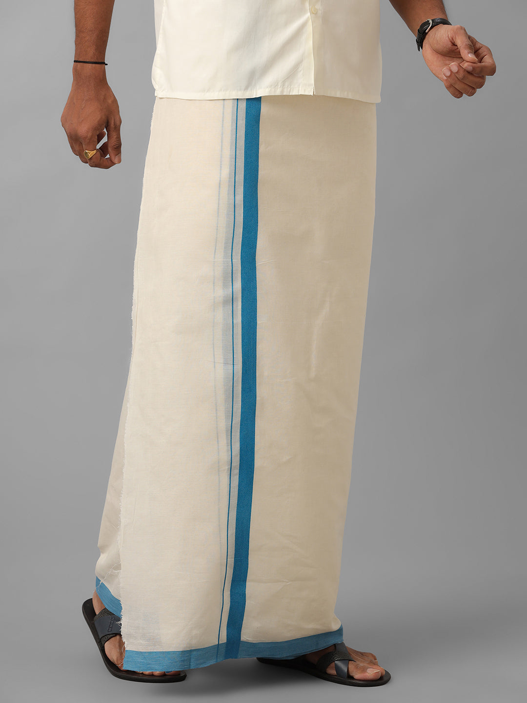 Men Blue Border Double Layer Kora Dhoti VKS03