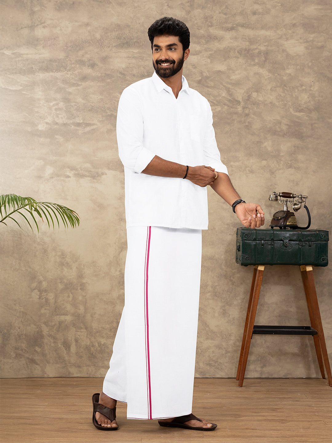 Men Starch Cotton Single Layer White Dhoti with Small Border ML01