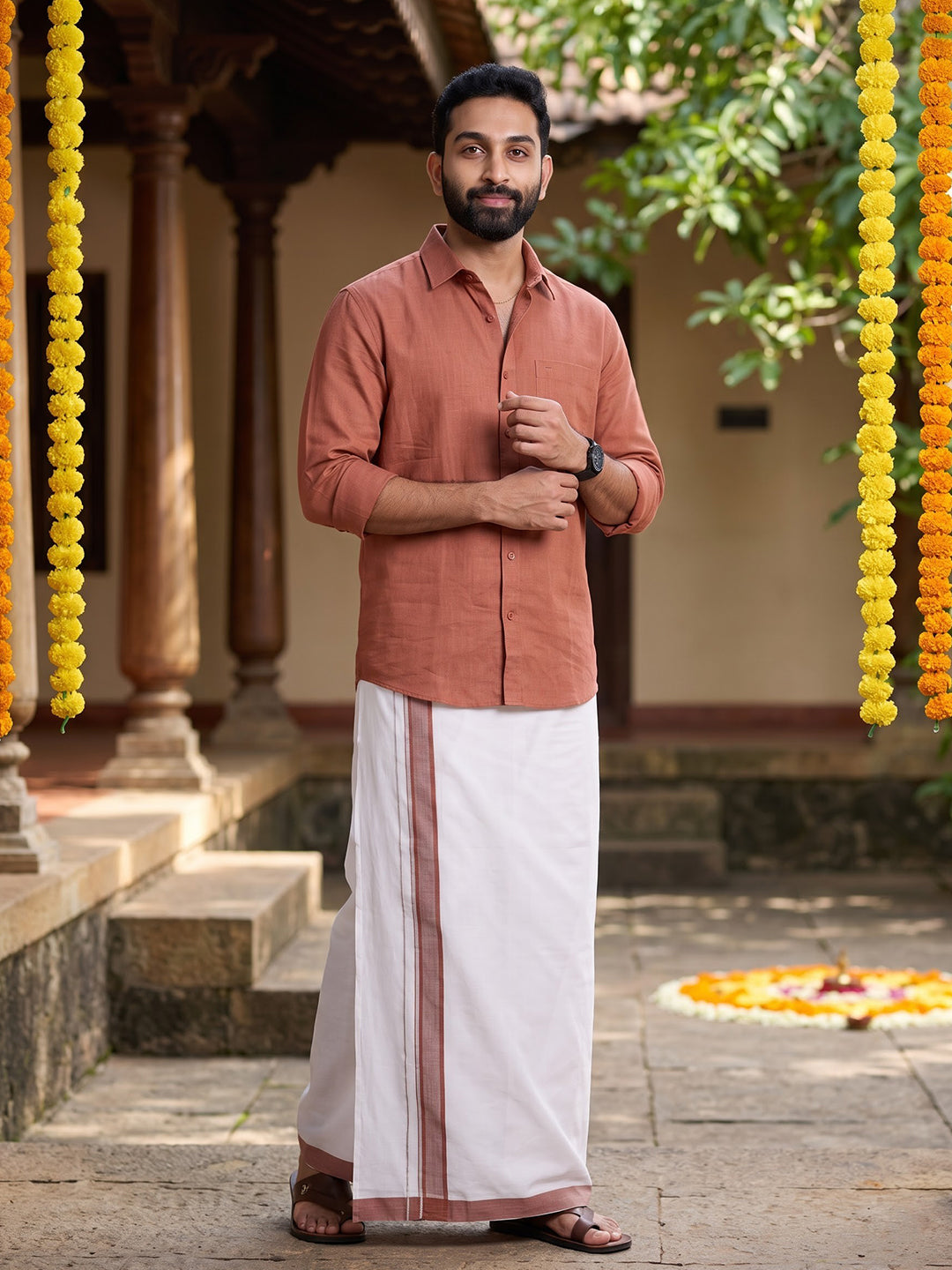 Double Layer 100% Cotton White Dhoti with Colour Border - PJF08