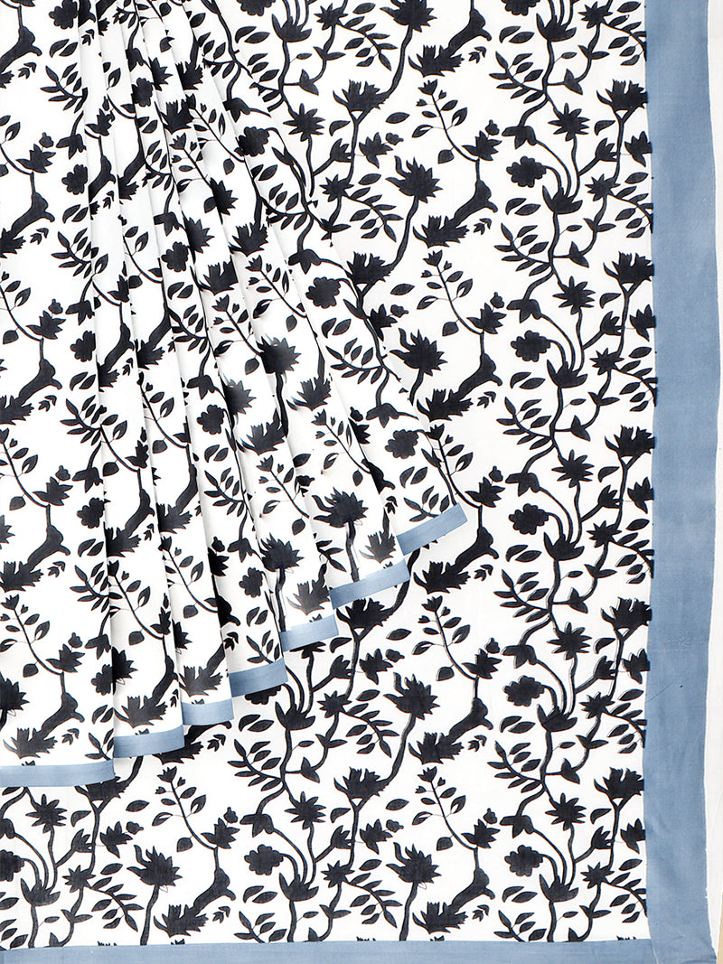 Womens White & Black Leaf Design Printed Pure Cotton Saree PCS45
