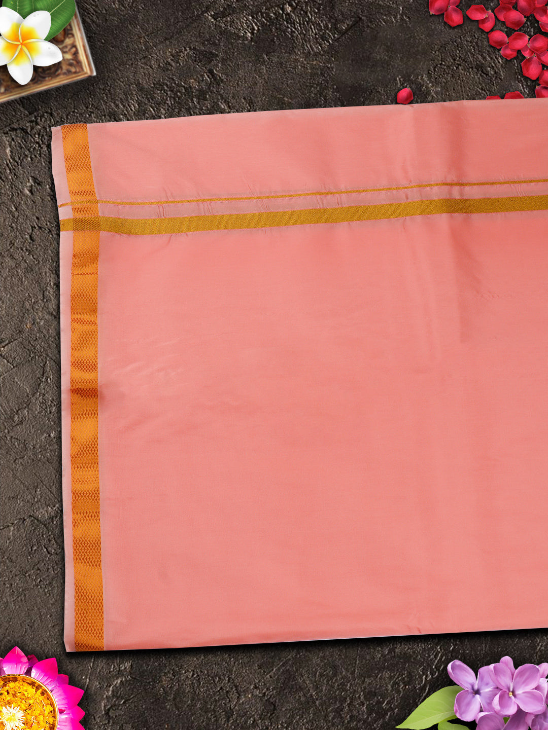Mens Premium Art Silk Dark Pink Shirting & Gold Jari Border Panchakacham Set 9+5 Ashirwath-View five