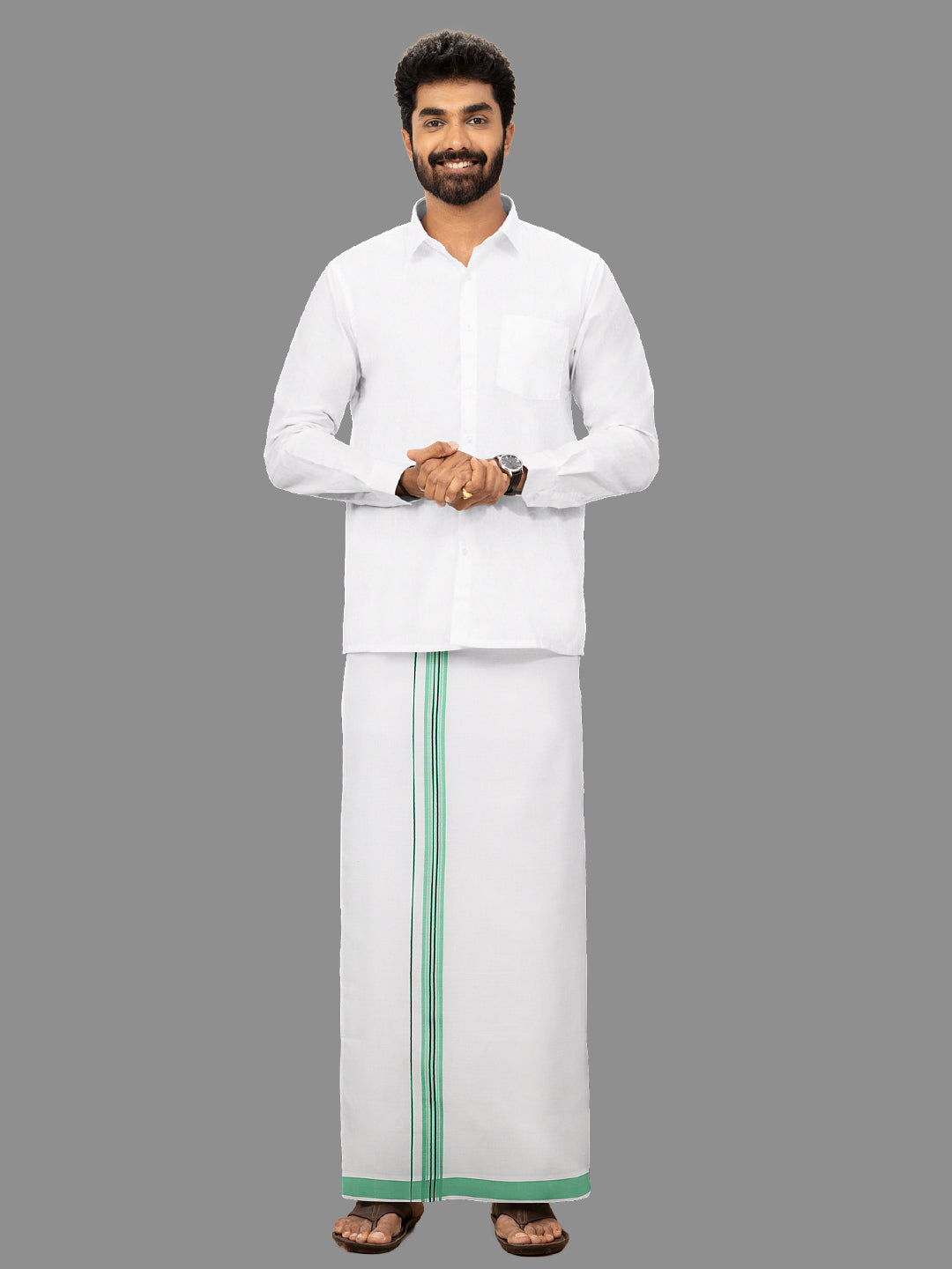 Men White with Green Fancy Border Single Layer Dhoti Winner