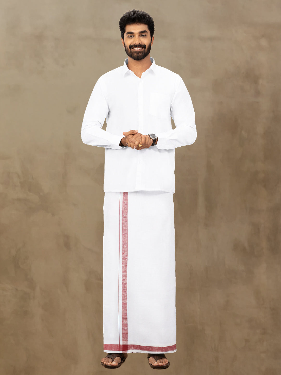 Men Maroon Border Premium Pure Linen Double Dhoti White 770