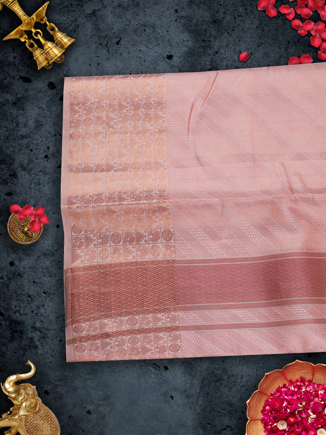 Pure Silk Embossed 5" Pink Jari Border Dhoti With Towel Thirukalyan-View four