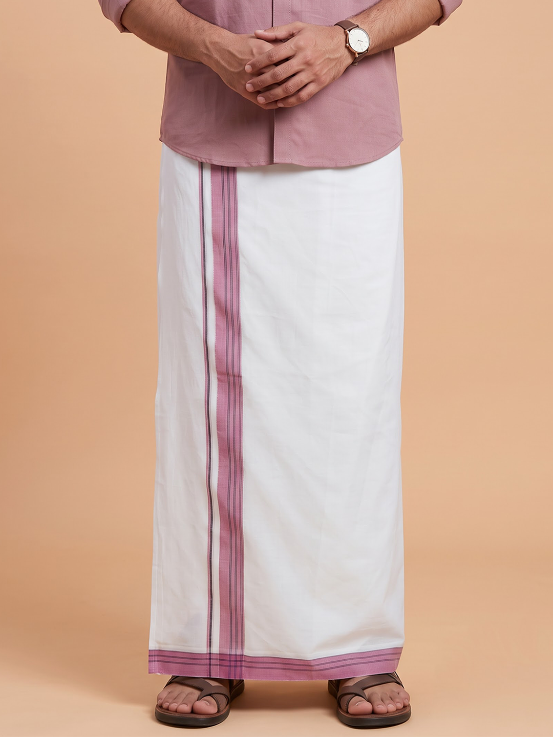 Double Layer 100% Cotton White Dhoti With Colour Jari Border - EJF34