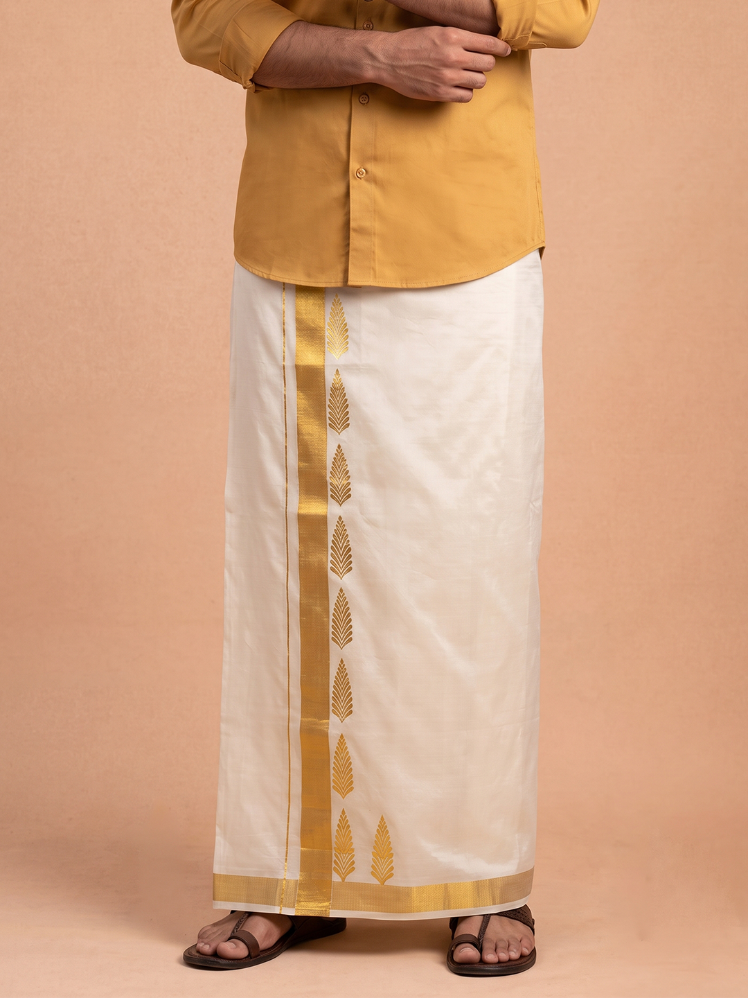 Double Layer Cotton Cream Kora Dhoti With Gold Jari Border - HF Gold HFG07