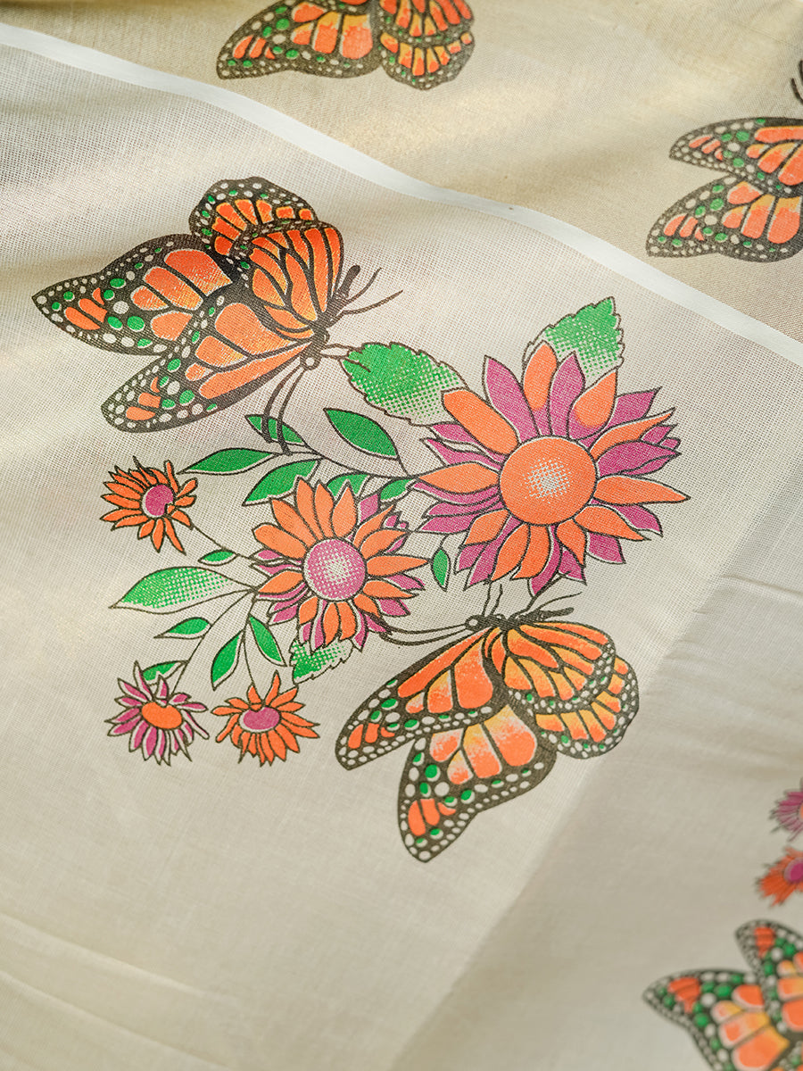 Womens Kerala Tissue Flower Butterfly Printed Gold Jari Border Saree OKS11