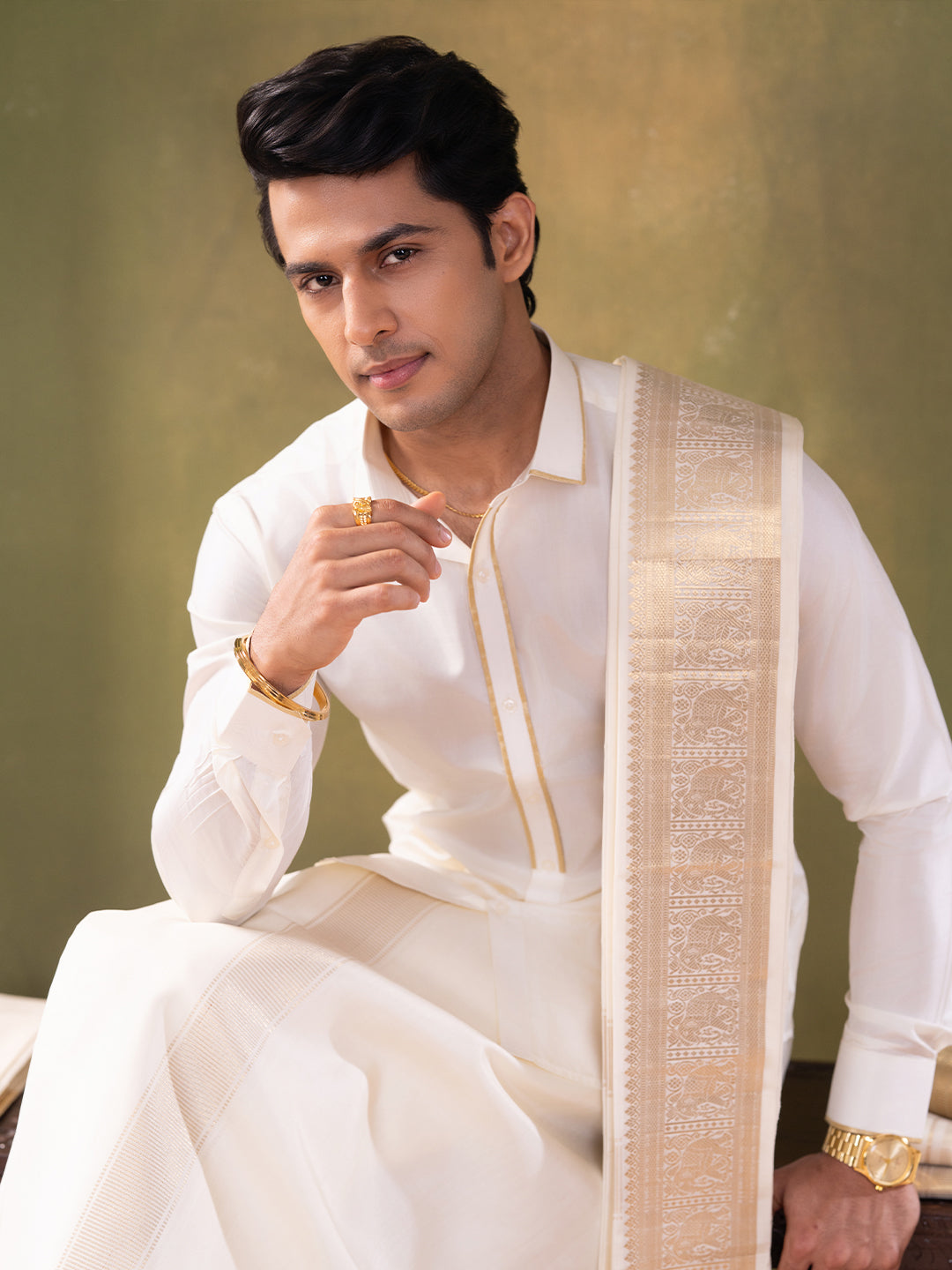 Premium Pure Silk Gold Jari Elephant Design Dhoti Shirting & Towel Set with 5" Jari Border – Rajadharbar