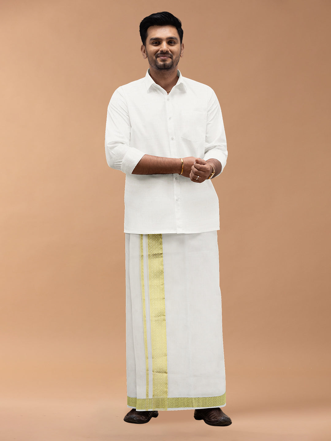 Mens Premium Handloom Dhoti Gold Jari Border HLM07