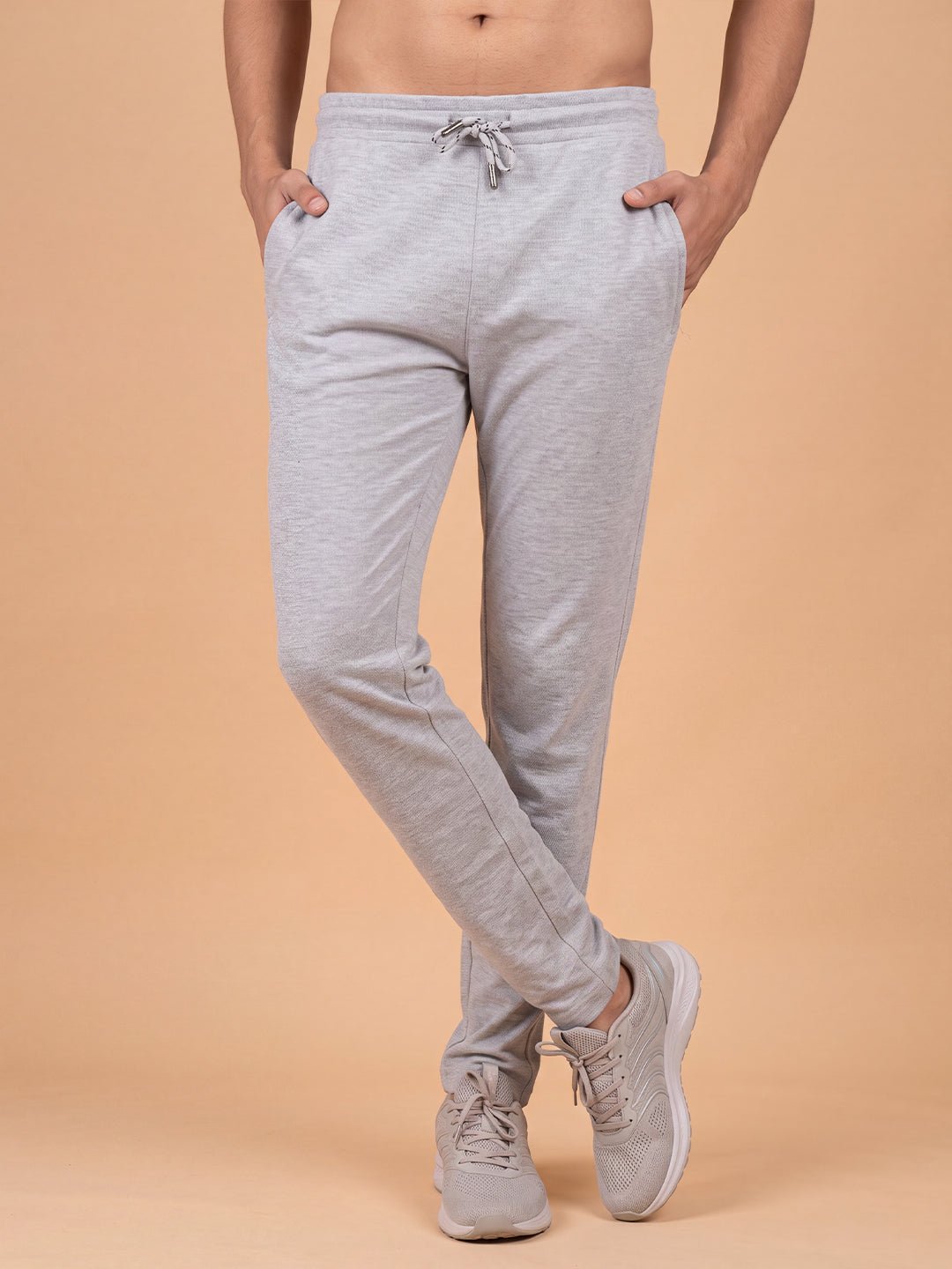 Cotton Rich Popcorn Structured Fabric Grey Melange Track Pants PTK3