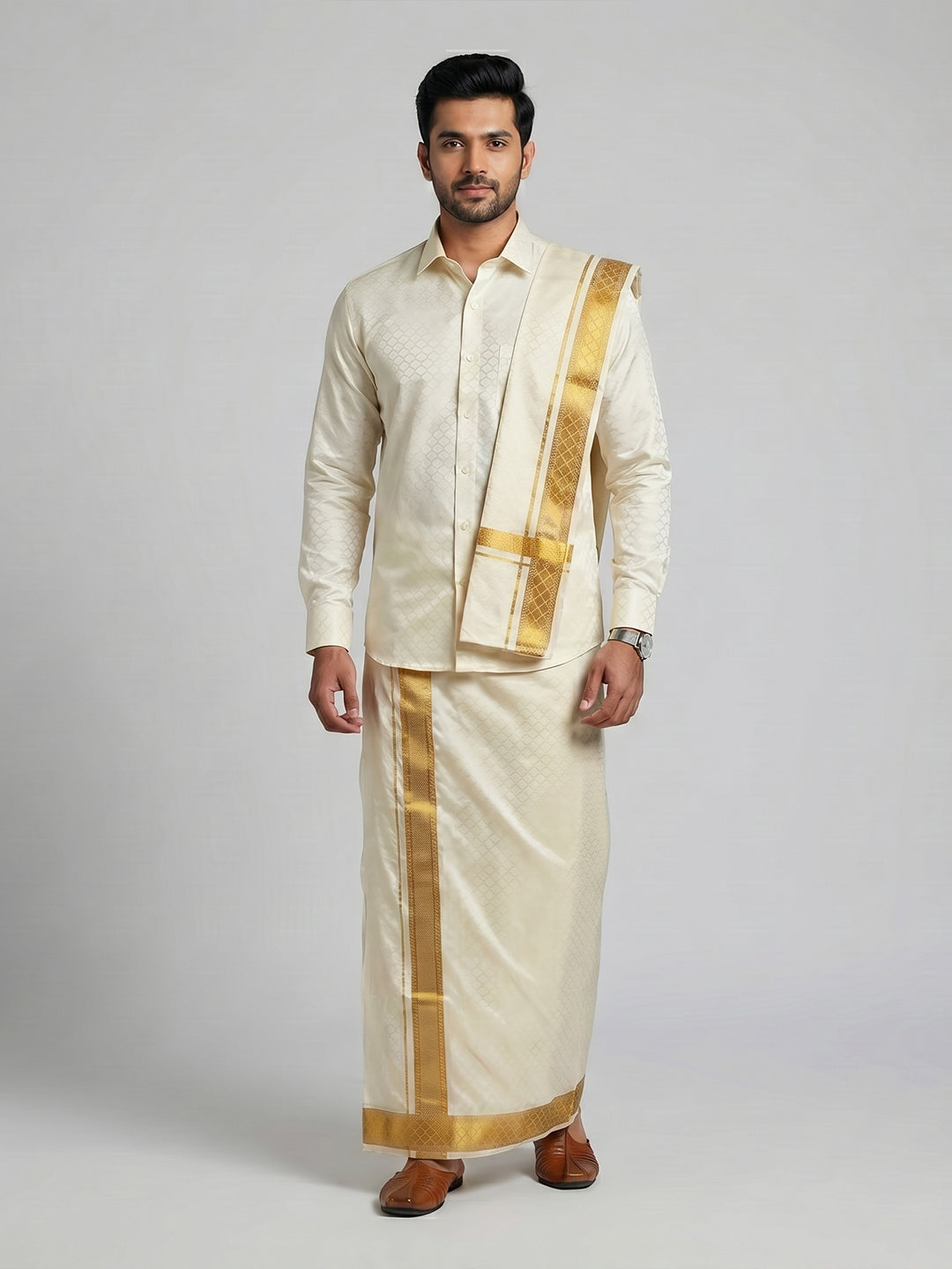 Men Art Silk Cream Self Design Shirt & Dhoti Towel Set Parinayam Grand CRJD3