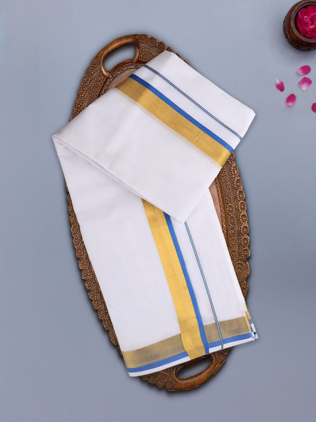 Men 100% Cotton Double Layer White Dhoti with Fancy Jari Border LC08