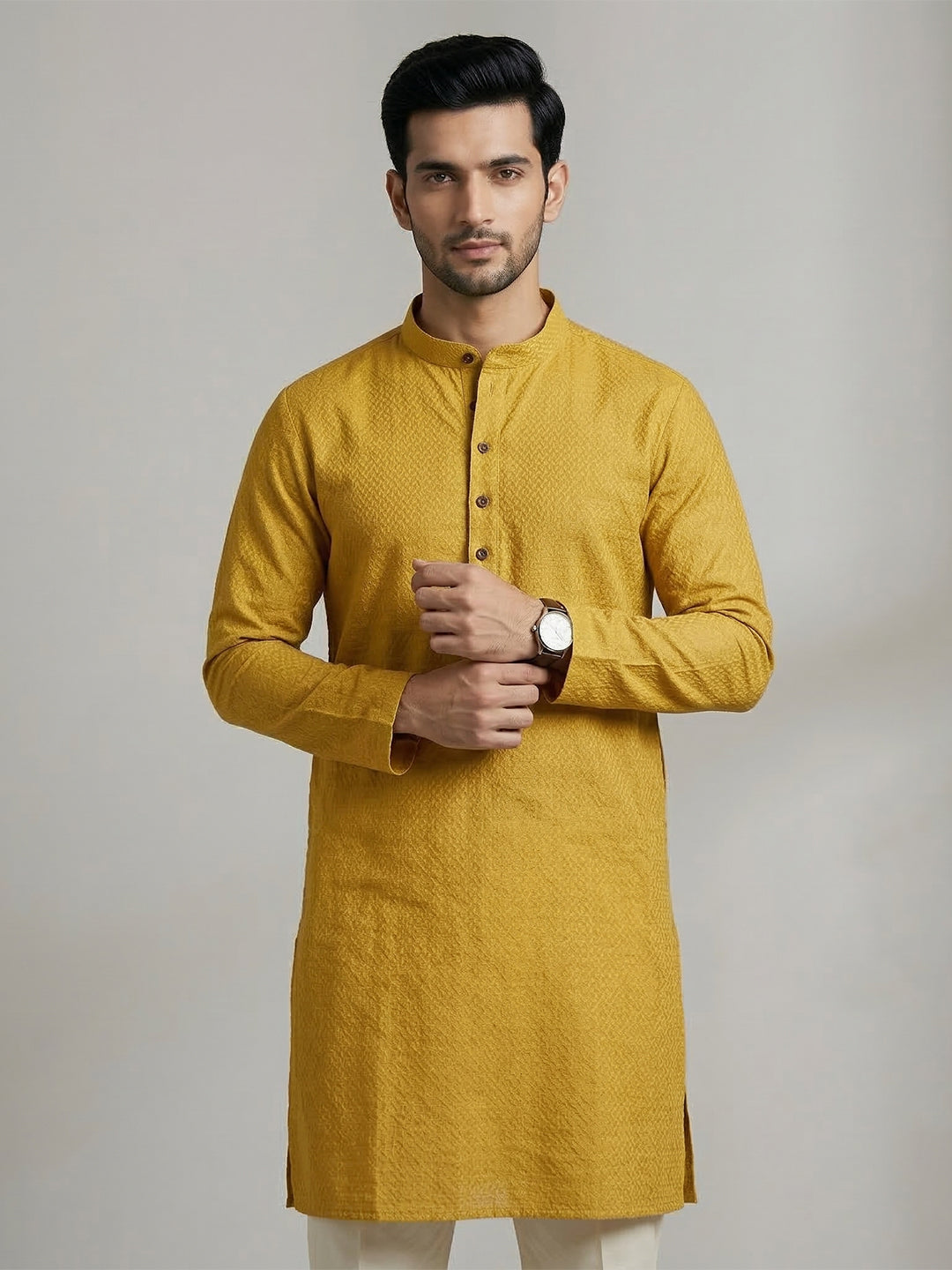 Cotton Medium Length Printed Pocket Kurta Mustard Yellow MHJ2