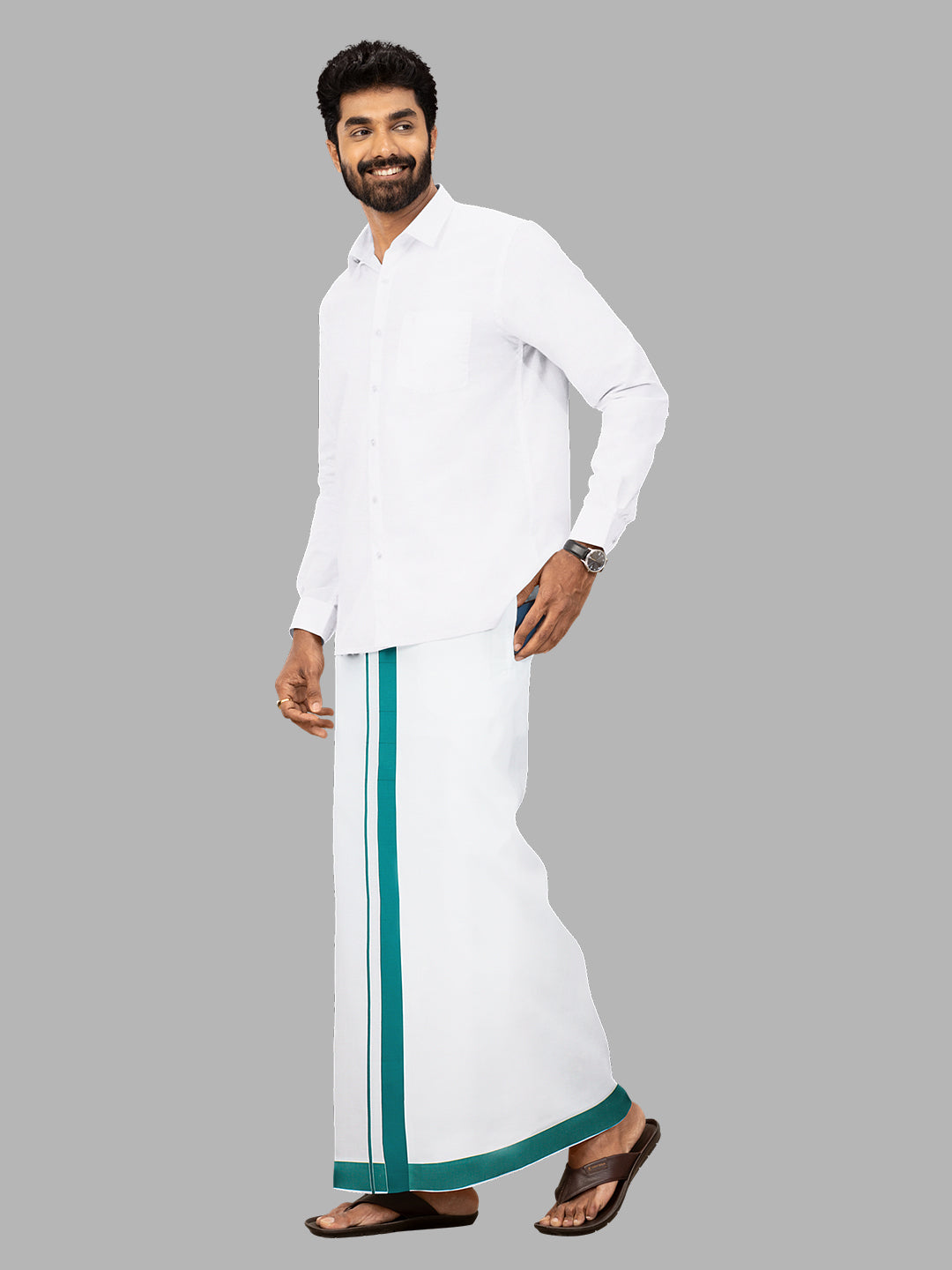 Men Blue Border Single Layer Adjustable Pocket Dhoti GACS9