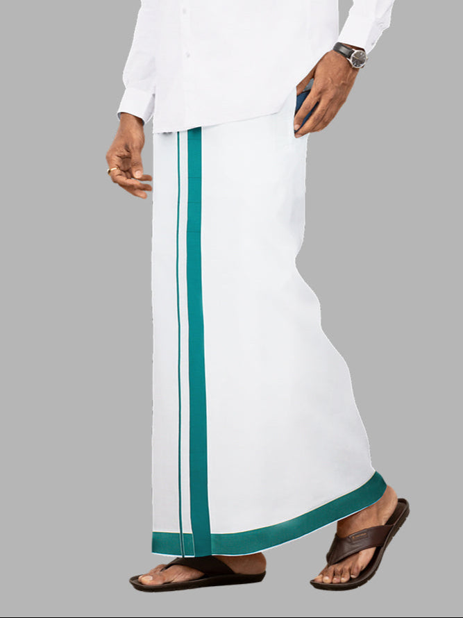 Men Cotton Blend Readymade Single Layer White Dhoti with Big Border GACS9