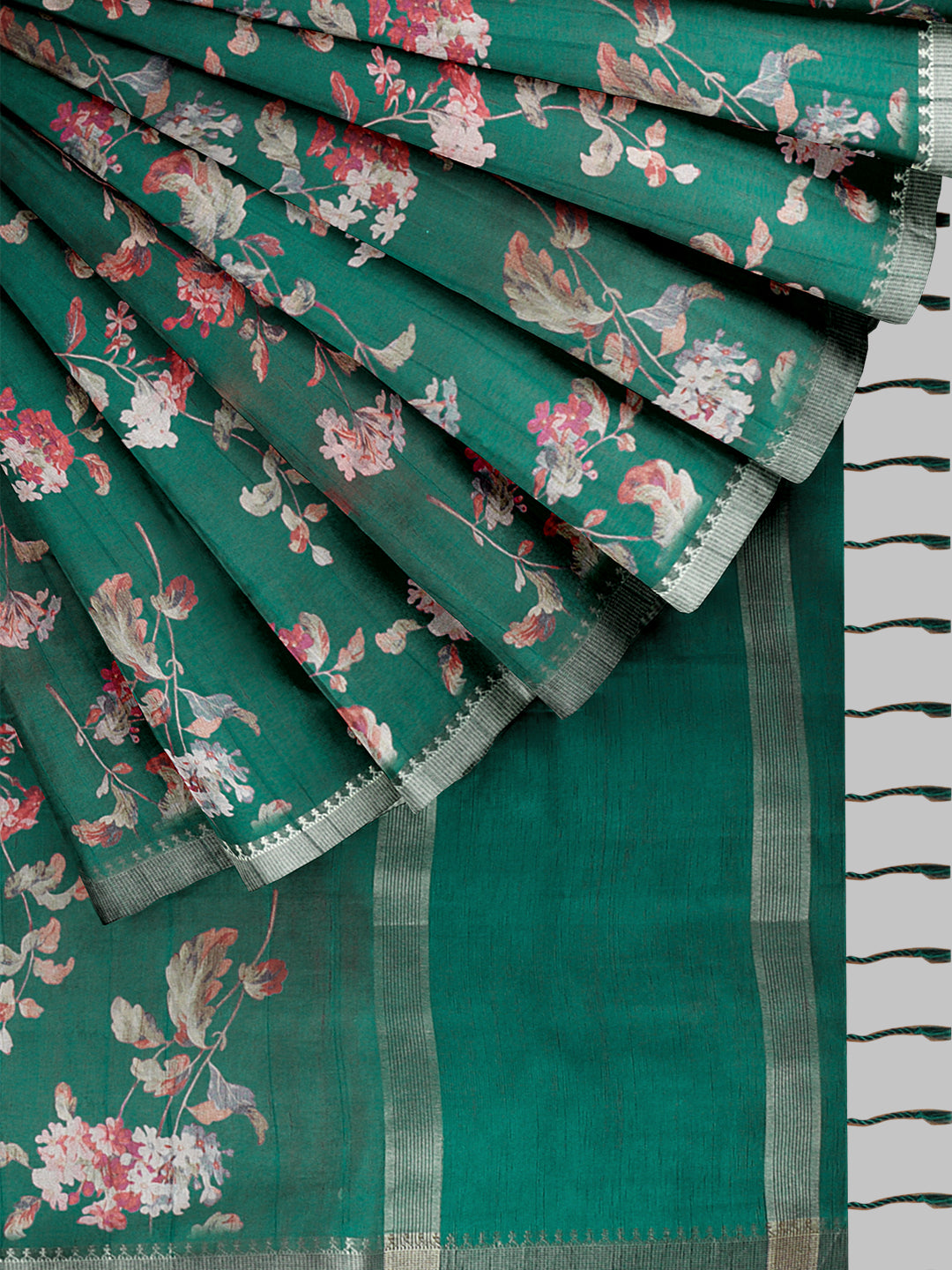 Women Pine Green Semi Raw Silk Printed Saree SRS103