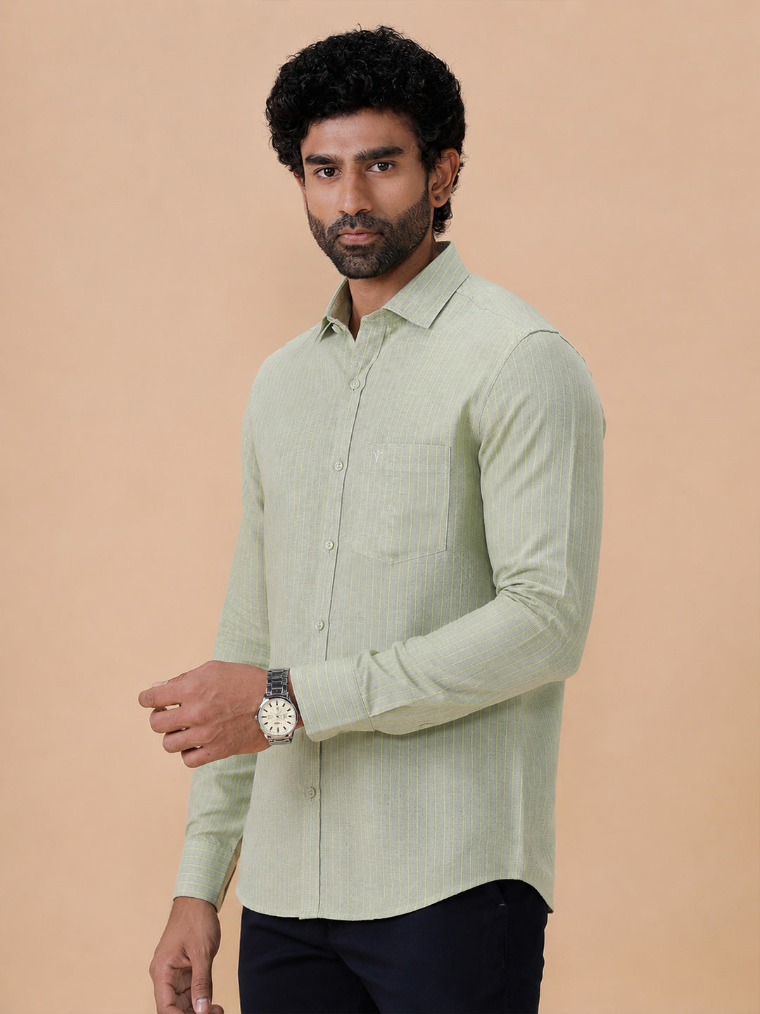 Men Pure Linen Striped Shirt Pale Green LS34