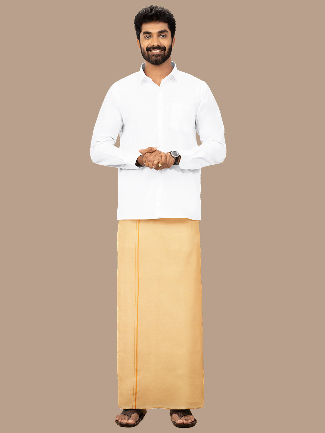 Men Assorted Border Single Layer Devotional Dhoti Poojan SB Light Kaavi