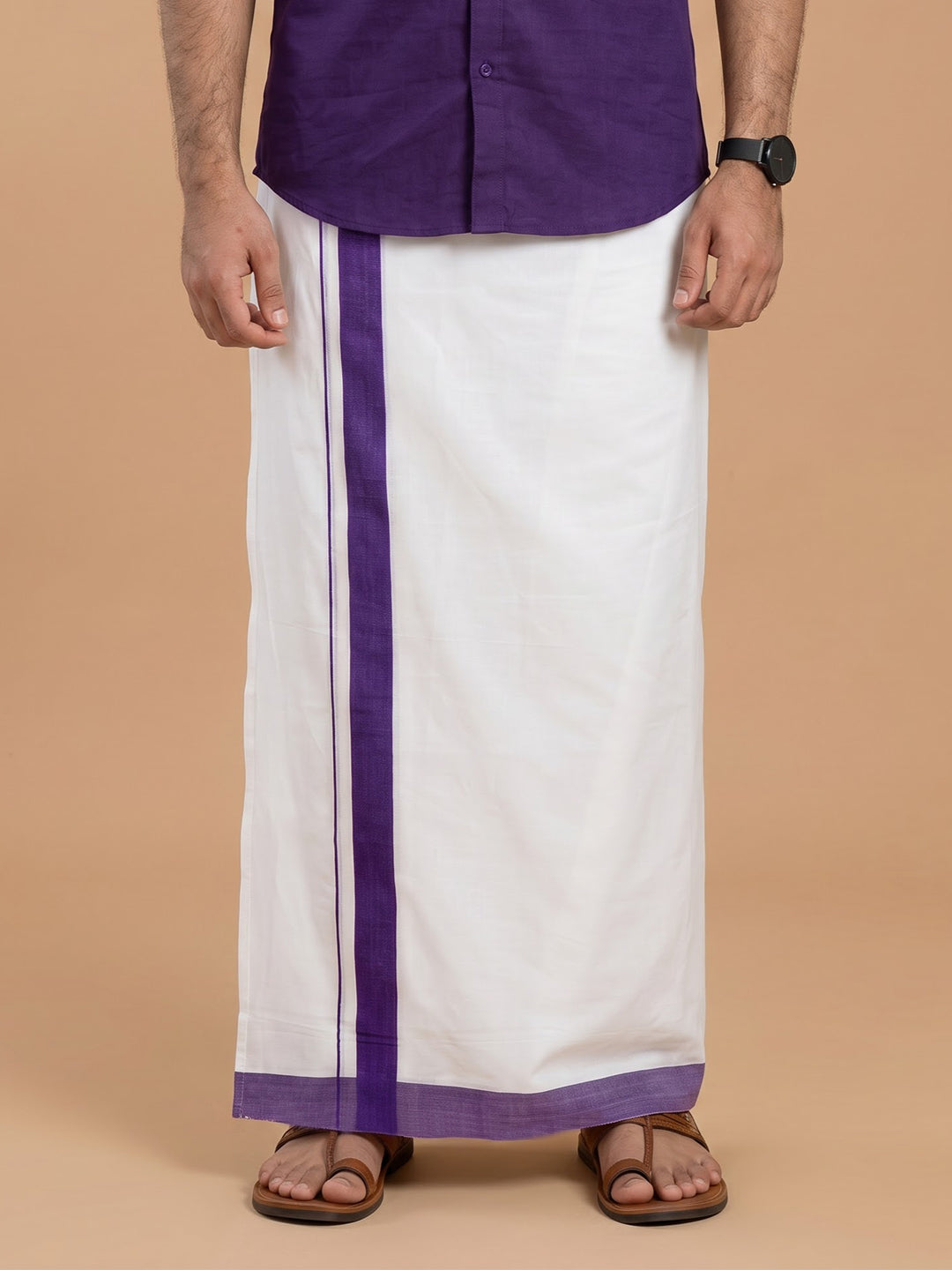 Double Layer 100% Cotton White Dhoti with Colour Border - RSD02