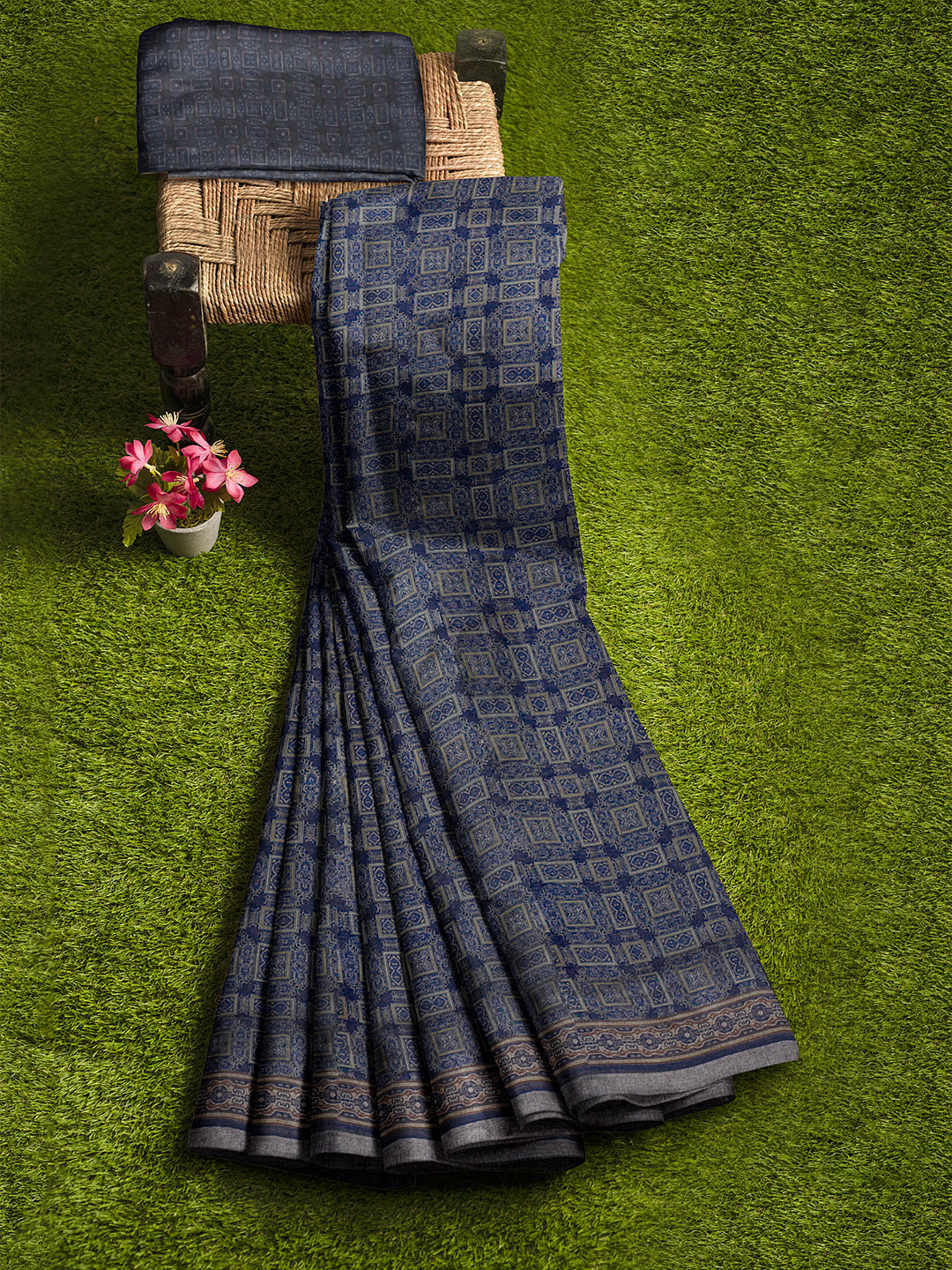 Women Blue Semi Chanderi Cotton Printed Saree SC60