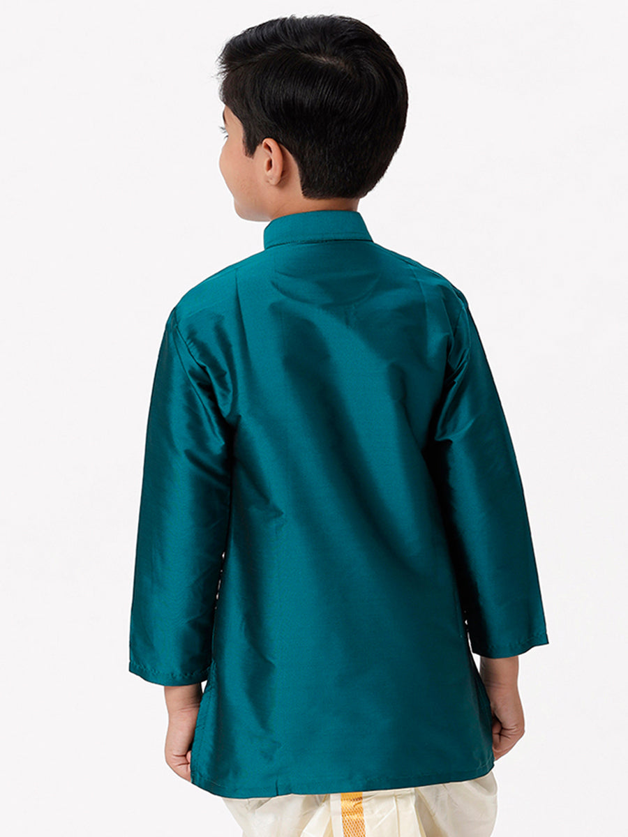Boys Silk Cotton Full Sleeves Dark Green Kurta-Back view