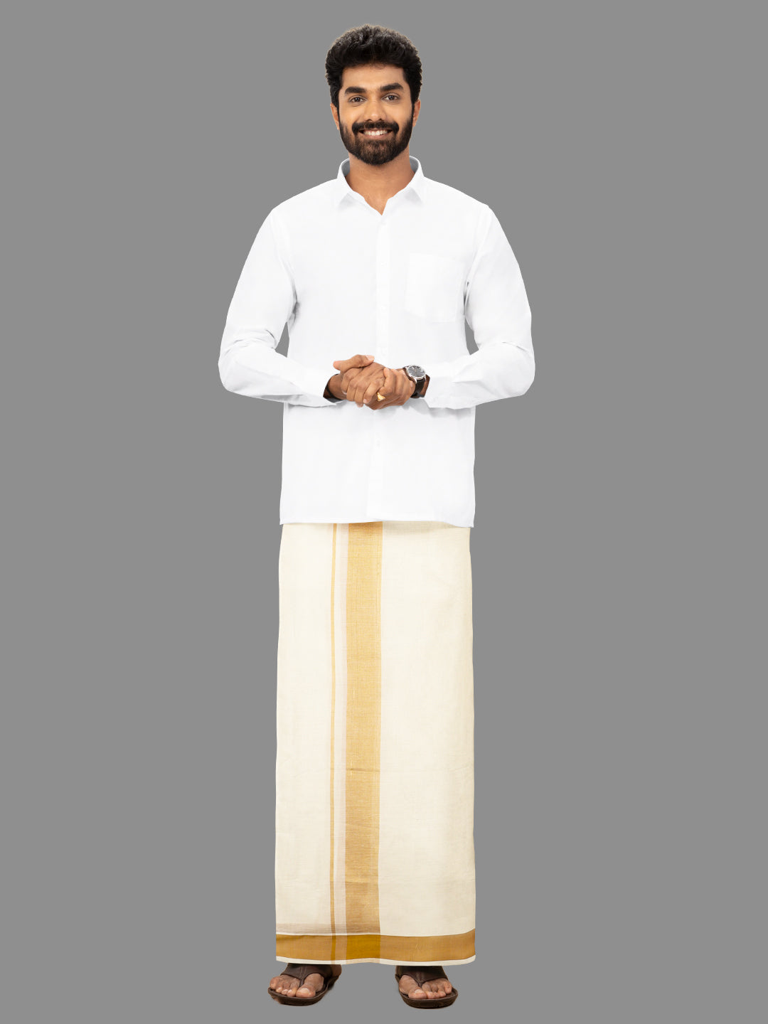 Mens Gold Fancy Border Kora Dhoti EGJ10